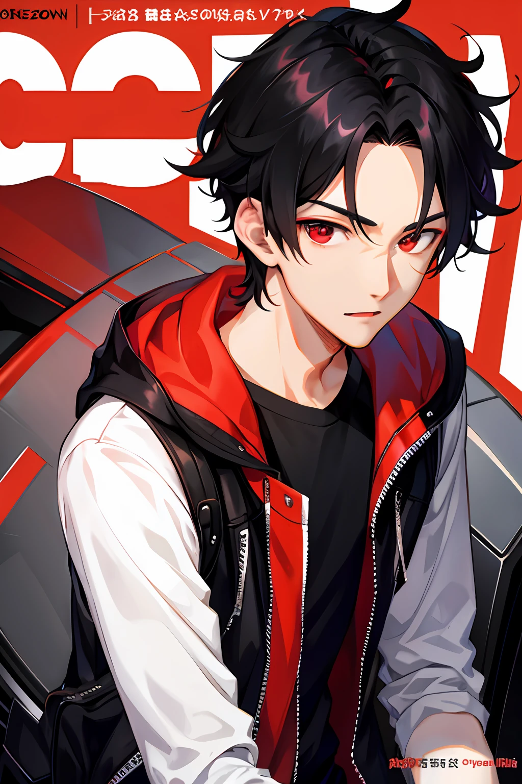 1 boy, handsome boy, black hair, comma hair, forehead comma hair, street style,, shiny, Red eyes, looking at viewer, upper body, megazine cover