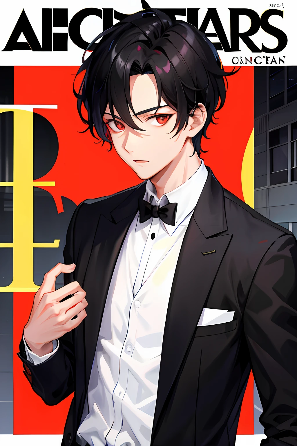 1 boy, handsome boy, black hair, comma hair, forehead comma hair, street style,, shiny, Red eyes, looking at viewer, upper body,  megazine cover