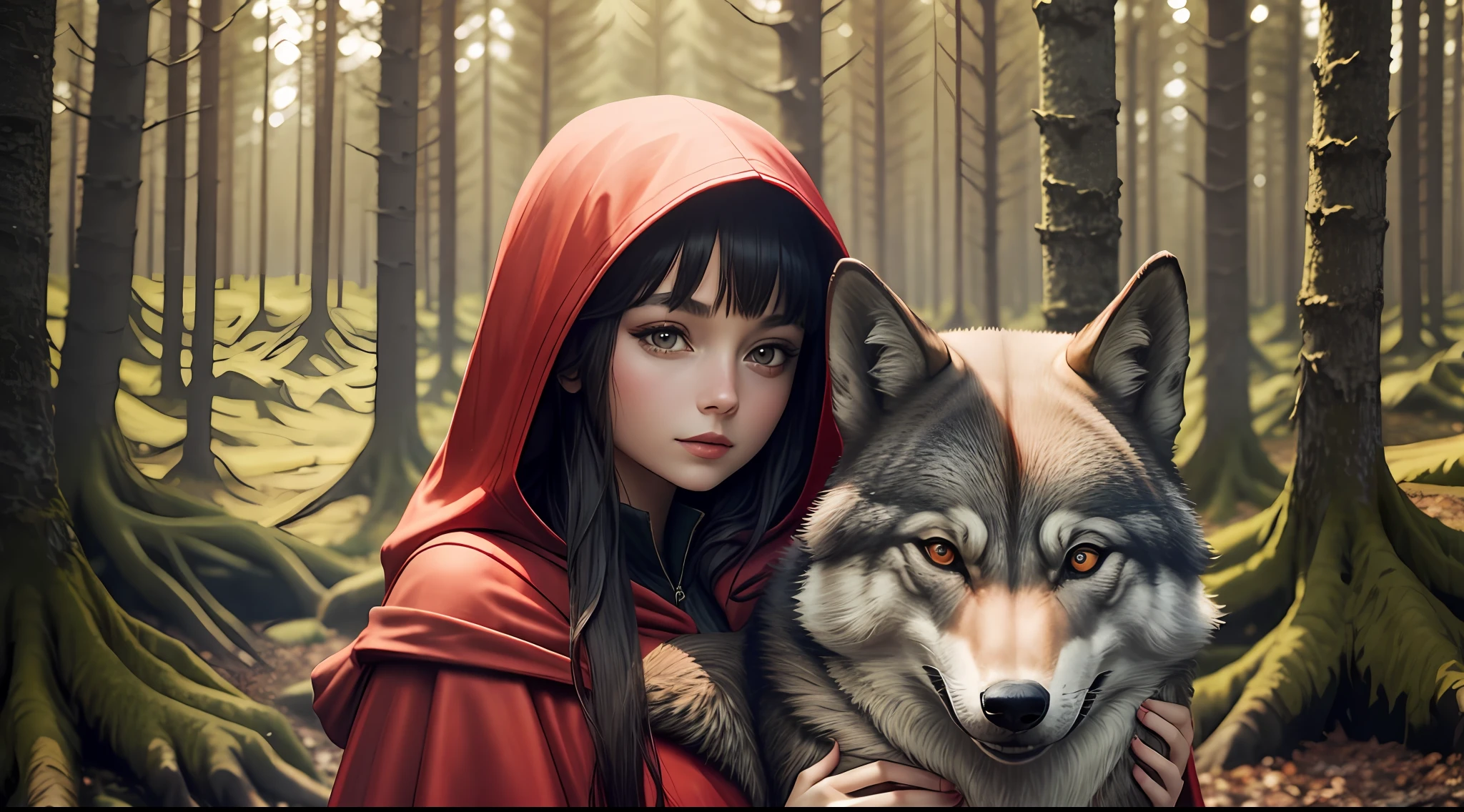 A girl in a red cloak holds a wolf,at a forest,Close-up Shot Shot