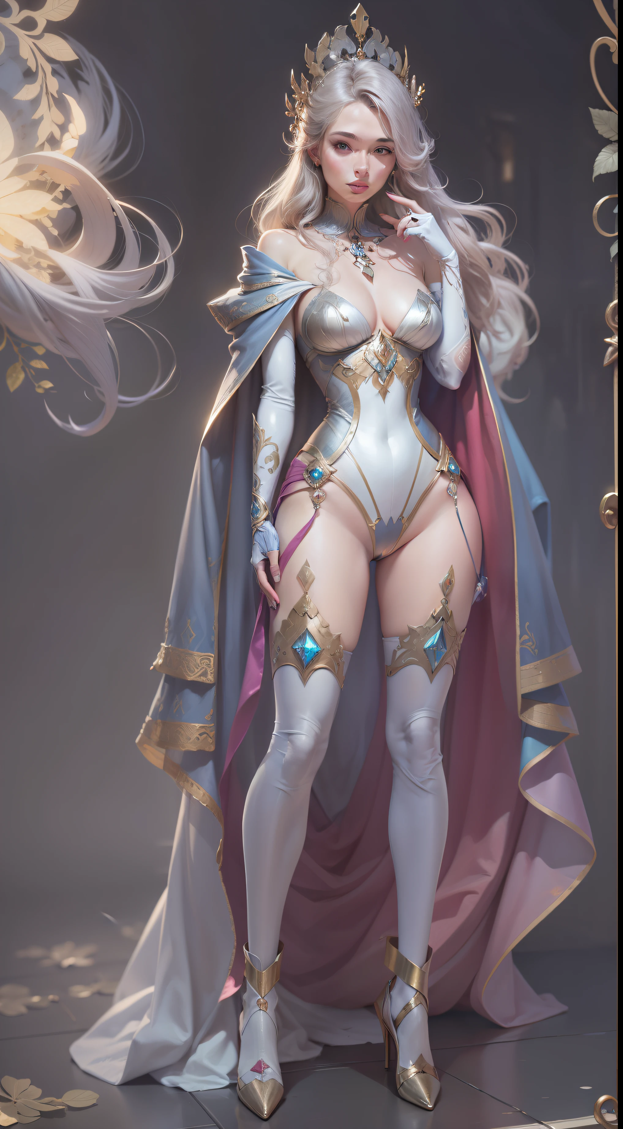 (Full body photo:2), (There is only one character:1.2), Must have stockings and high heels, Must have extra-long gloves, Very many crystal gemstone jewelry, High-value jewelry, It is forbidden to appear men,Light smile, High detail, Chiaroscuro, Cinematic lighting, reflective light, hyper HD, Masterpiece, Anatomically correct, Textured skin, Super detail, High quality, High details, Award-Awarded, Best quality, A high resolution, 16k