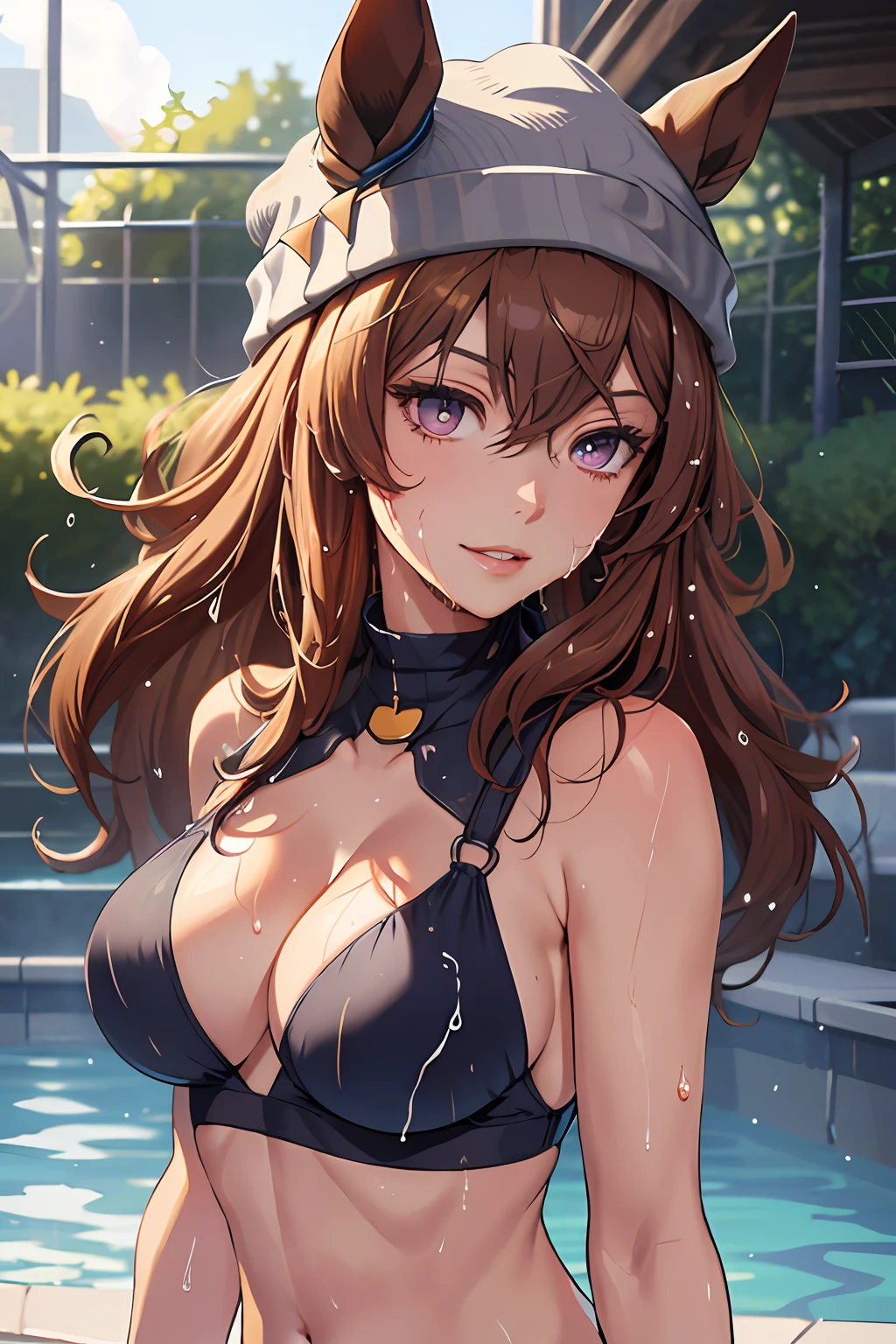 ((Masterpiece)), (Illustration), (Best Quality)), Complex Landscape, (((Beautiful Detailed Girl)), Medium Breasts, (Delicate Model Face), Lovestrack, (Iridescent Eyes), Gray Hat, Nakayam Festa \(Uma Musume\), Horse Ears, Horsetail, Poolside, Light Smile, Bikini, Side Tie Bikini, Heavy Breathing, Sexual Expression Invitation, (Abs, Slender Figure: 1.1) , (wet body, wet clothes: 1.1), ultra-detailed face, detailed lips, detailed eyes,