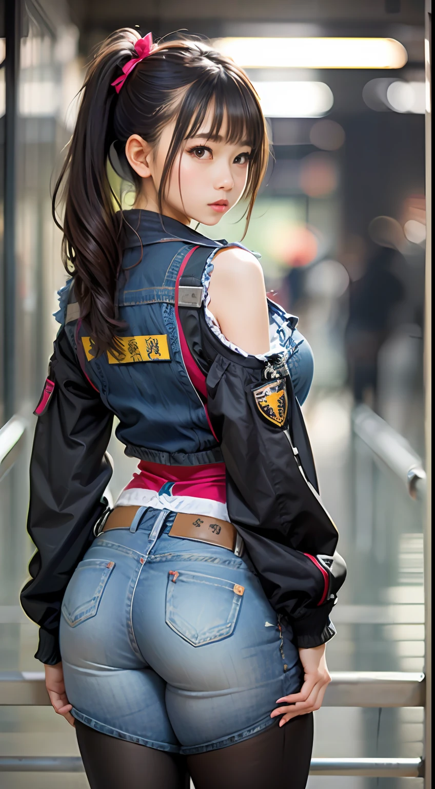 denim short,blackstockings,Mall,(Inspired by the Avengers),pony tails,One-piece unisex trousers,machine girl,Security level,big assa,(8K,photo RAW,Fotorrealista:1,25),(Excessive lip gloss,Very many eyelashes,best qualityer,超高分辨率,depth of fields,color difference,Wide light,natural color,Distant pictures(1:2)