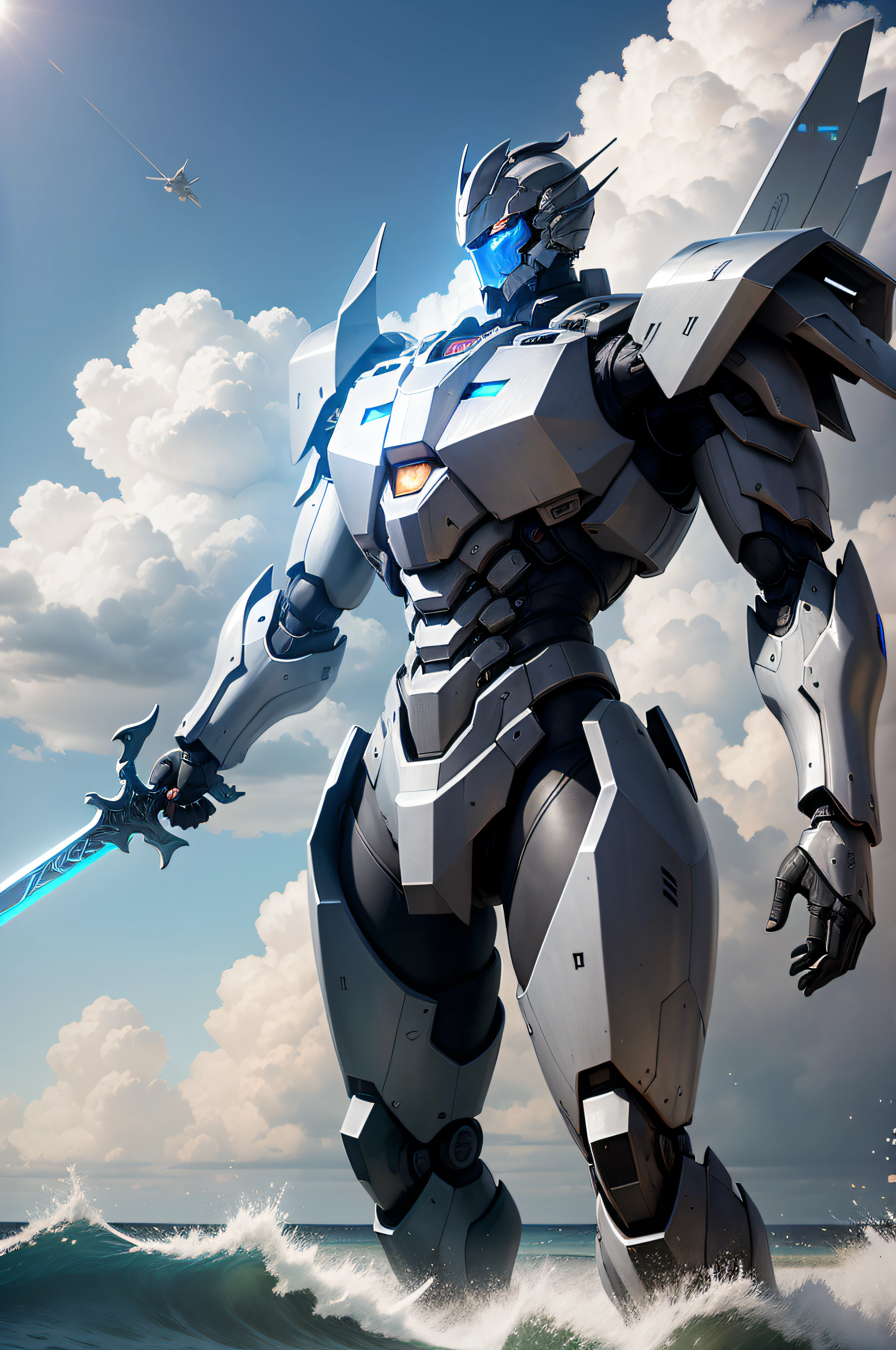 A giant silver-gray humanoid mech stands in the Pacific Ocean、Holding a giant double-edged sword、The body of the sword is blue，There is a light-emitting device on the chest，It reflects the enormity of the mecha