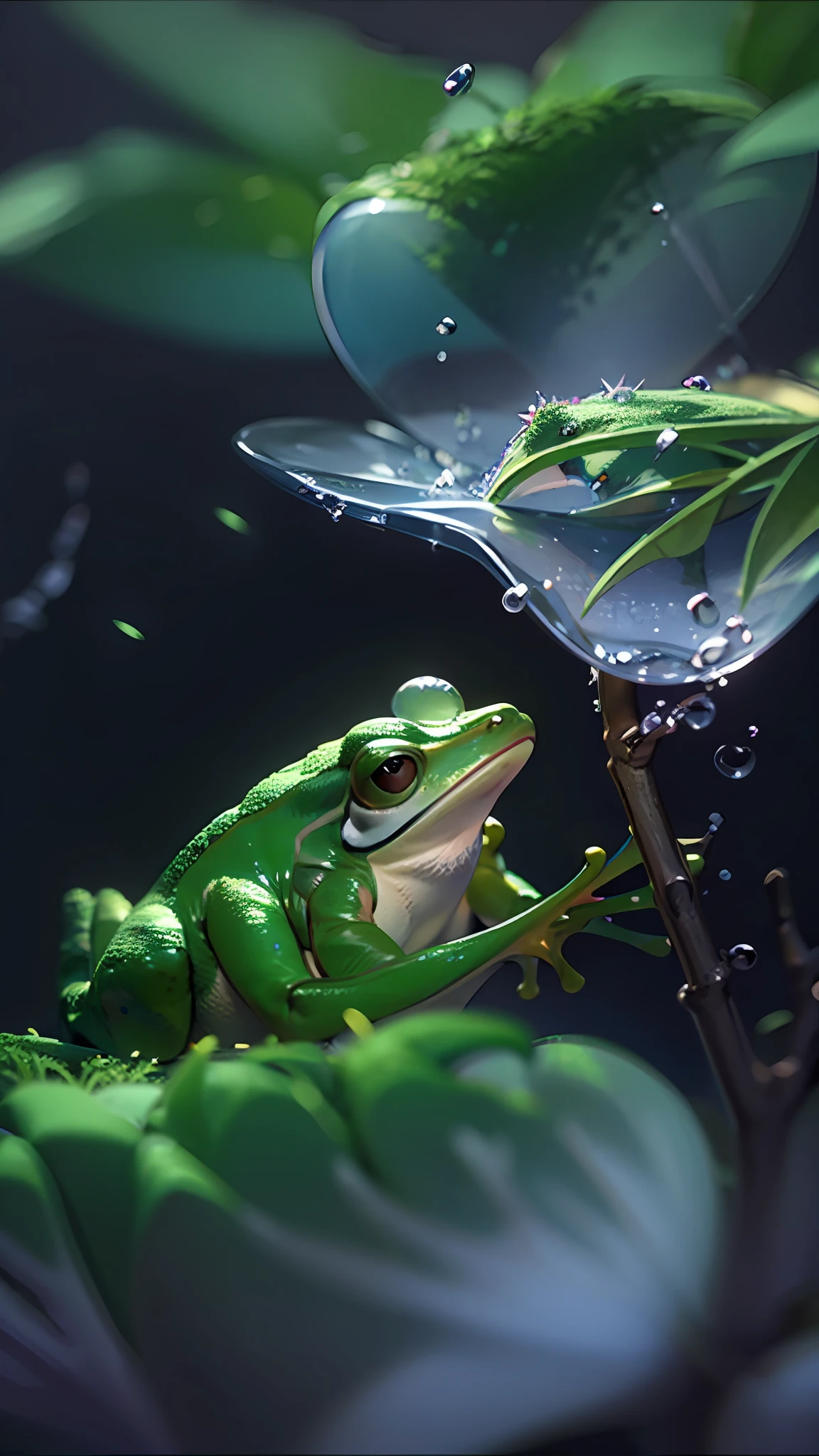 Close-up photo of a frog in the enchanted forest,Oversized close-up,Close-up strengthened,Eye focus,clean backdrop,depth of fields,largeaperture,photography of,during night,glowworm,volume fog,Halo,blooms,Dramatic atmosphere,at centre,the rule of thirds,200 mm 1.4F macro shooting