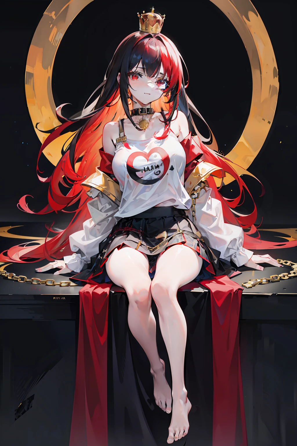 1girl,bare_shoulders,barefoot,black_shirt,chain,clothes_writing,collar,earth_(ornament),earth_(planet),floating,gold_chain,long_hair,moon_(ornament),multicolored_clothes,multicolored_skirt,off-shoulder_shirt,off_shoulder,plaid,plaid_skirt,planet,polos_crown,red_eyes,red_hair,shirt,skirt,smile,solo,style_parody,t-shirt,transparent_background,hecatia_lapislazuli