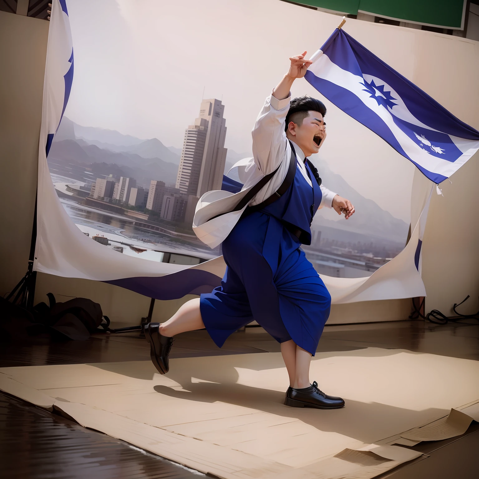 Yin Xiyue was full of ambition,Accept Kim Jong-un's surrender;Korea unifies the peninsula;The South Korean flag flies;Citizens wear hanbok,Holding a South Korean flag and laughing,There are high-rise buildings in the distance,South Korea's future is bright