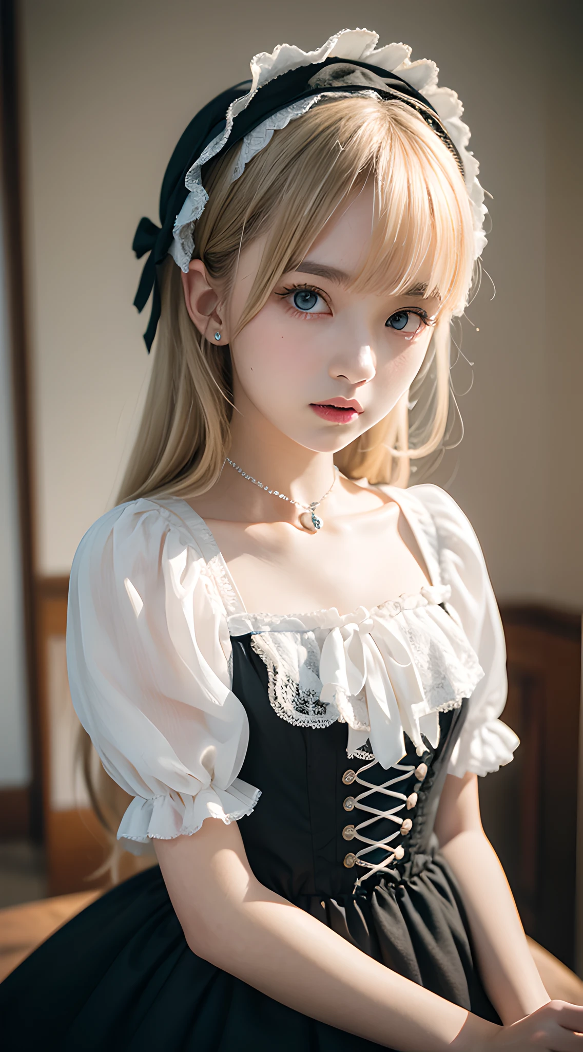 (masterpiece, best quality:1.2), 8k, 85mm, official art, raw photo, absurdres, platinum blonde hair, (blue eyes, lolita fashion, sweetlolita, gothic, dress:1.2), idol face, upper body, beautiful girl, gardeniass, short sleeve, elegance, sophisticated, gardenia, looking at viewer, film grain, chromatic aberration, sharp focus, facelight, dynamic lighting, cinematic lighting, detailed face, bokeh background