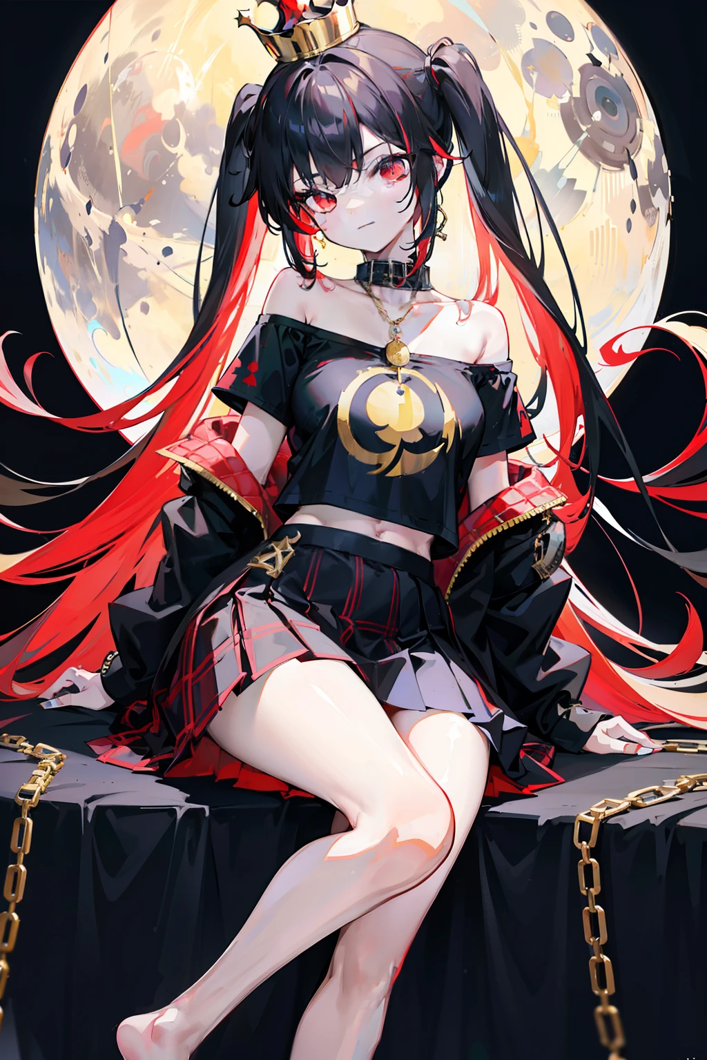 1girl,bare_shoulders,barefoot,black_shirt,chain,clothes_writing,collar,earth_(ornament),earth_(planet),floating,gold_chain,long_hair,moon_(ornament),multicolored_clothes,multicolored_skirt,off-shoulder_shirt,off_shoulder,plaid,plaid_skirt,planet,polos_crown,red_eyes,red_hair,shirt,skirt,smile,solo,style_parody,t-shirt,transparent_background,hecatia_lapislazuli