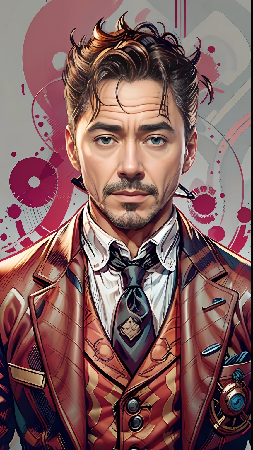 0 MIB Style Sherlock Holmes, Illustrator, Robert Downey Jr.、British Suit、​masterpiece, hightquality, 8K, hight resolution, high detal, A smile、Detailed upper body concept