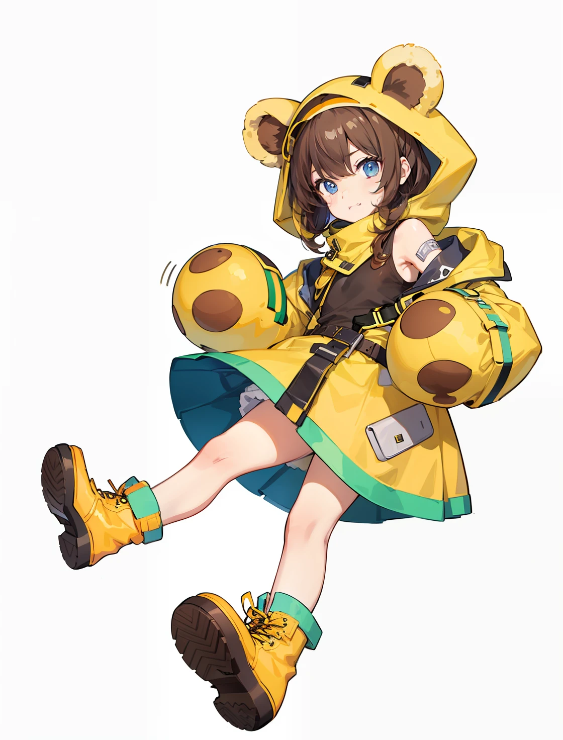 masterpiece:1.3),(the best quality:1.2),(super fine illustrations:1.2),high quality，arknights,1girl,closed_mouth,cross,dress，Kizi，eBlue eyes，brown  hair，Single，short detailed hair，ssmile，mitts，By bangs，boots，Yellow coat，Sweatshirt，Brown shoes，Bear ears，white backgrounid，simplebackground，full bodyesbian，Yellow shoes，metals