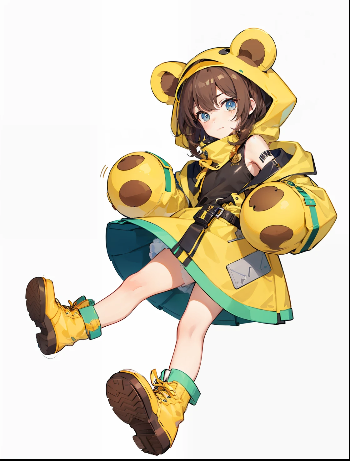 masterpiece:1.3),(the best quality:1.2),(super fine illustrations:1.2),high quality,arknights,1girl,closed_mouth,cross,dress,Kizi,eBlue eyes,brown hair,Single,short detailed hair,ssmile,mitts,By bangs,boots,Yellow coat,Sweatshirt,Brown shoes,Bear ears,white backgrounid,simplebackground,full bodyesbian,Yellow shoes,metals