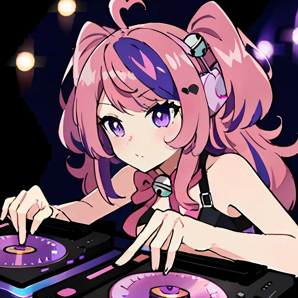 pink hair
purple hair
multicolored hair
streaked hair
heart ahoge
ahoge
bell
bow
purple eyes a DJ, showcasing her skills on the turntables