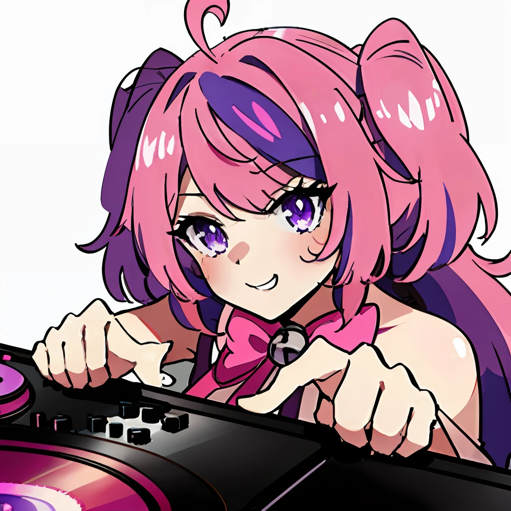 pink hair
purple hair
multicolored hair
streaked hair
heart ahoge
ahoge
bell
bow
purple eyes a DJ, showcasing her skills on the turntables