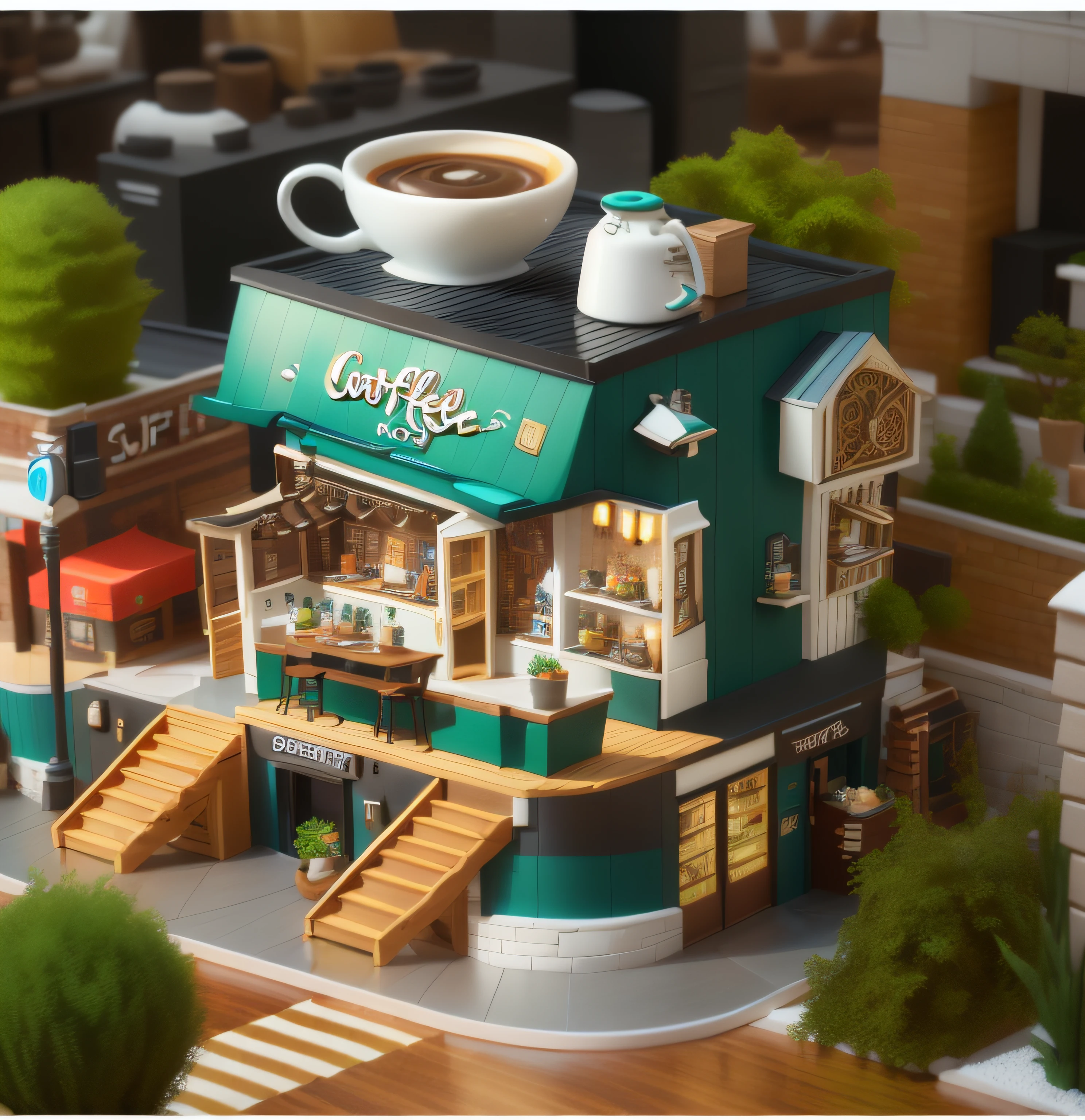 There is a miniature model of a coffee shop,Highly detailed visual espresso, stylized 3d render, hyper detailed 3d render, hyper detailed 3d render, 3 d stylize scene, hyper detailed scene, 3 d render stylized, highly detailed scenario, highly detailed 3d render, highly detailed 3d render, miniature cafe diorama