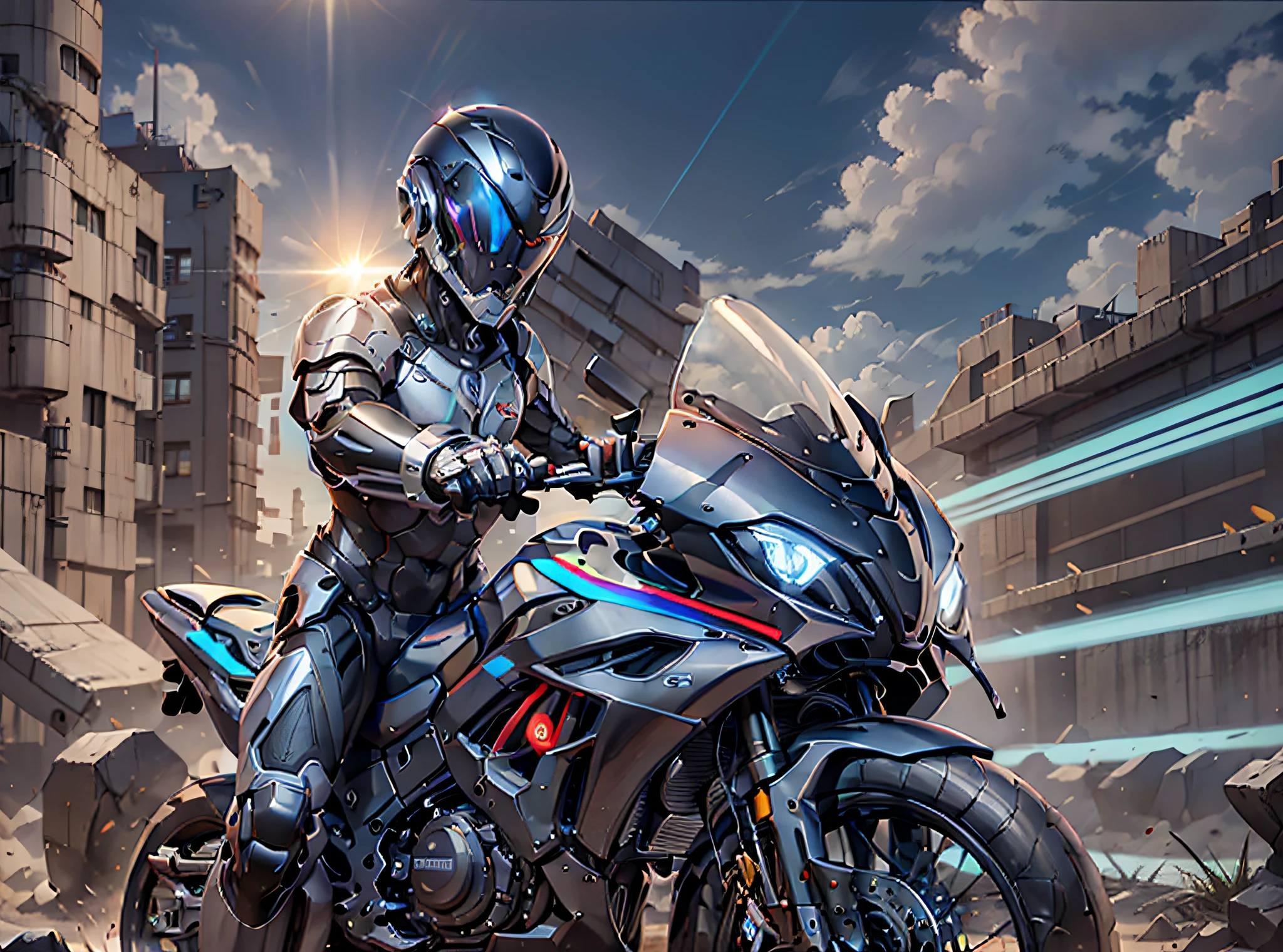 male people，cyber punk perssonage，Rainbow，8K，Full body steel armor clothing，Mechanical helmets，