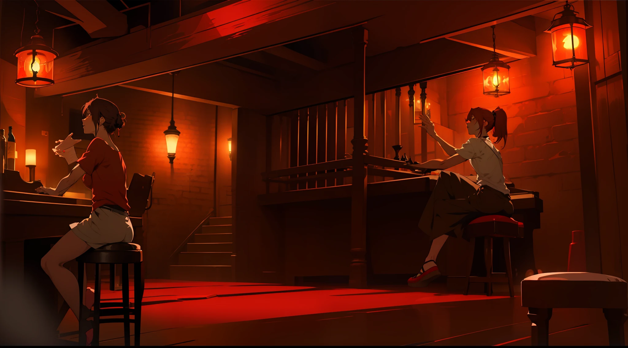 (anime) . woman sitting on stool at bar and bartender at bar counter, indoors (((cellar)) (coffee-theater + piano-bar + red lamp + pianist on stage + cozy night ambience))