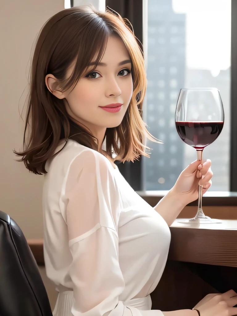 (64K, UHD, top quality, masterpiece: 1.2), (realistic, photorealistic: 1.37), super detailed, pretty woman 1 person, (slim face), (slim body), (brown hair), (short cut), cheeks slightly blushing, (41 years old), 38 years old, solo, outside the window is a beautiful detailed urban night view, restaurant, wine glasses sit, at night, in a prominent place (from the waist up) NovaFrogStyle, Actress, Model, Waist Up, White Wine, Slim, Wine Glass, Super Clean Night View, Wine Glass Put in the Middle, Happy Smile, (Smile: 1.15), Beautiful Fine Eyes, Upper Body, Bust Japan Up, Night, Short, Short, Actress, Model, Waist Up, White Wine, Slim, Wine Glass, Super Clean Night View, Wine Glass Put in the Middle, Happy Smile,
