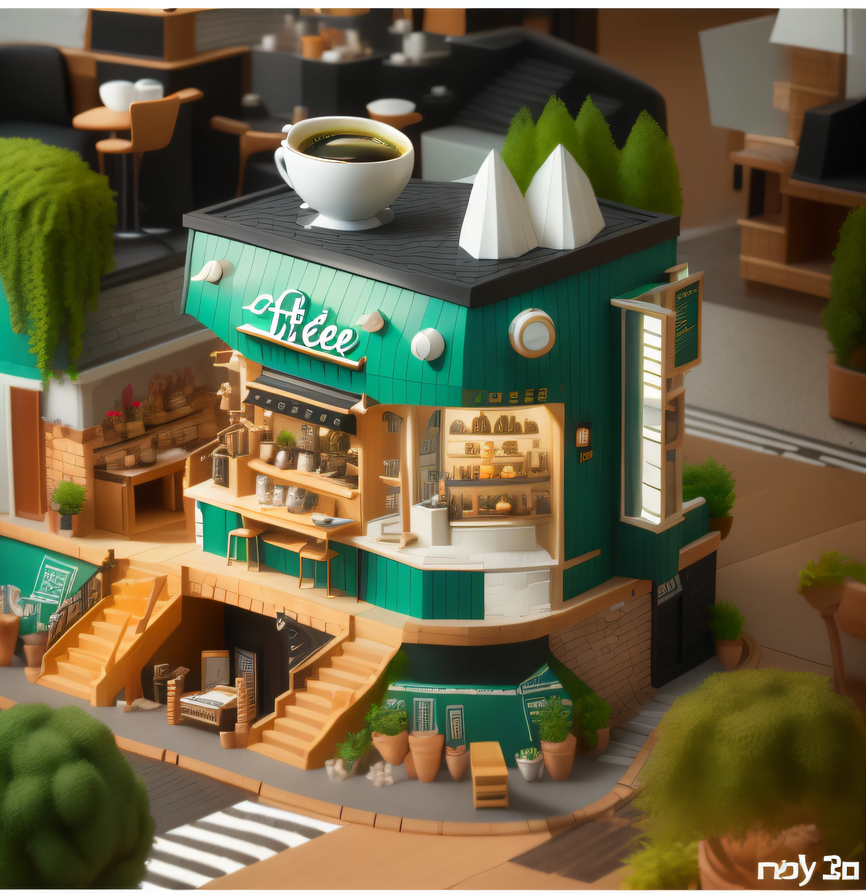 There is a miniature model of a coffee shop，Highly detailed visual espresso, stylized 3d render, hyper detailed 3d render, hyper detailed 3d render, 3 d stylize scene, hyper detailed scene, 3 d render stylized, highly detailed scenario, highly detailed 3d render, highly detailed 3d render, miniature cafe diorama