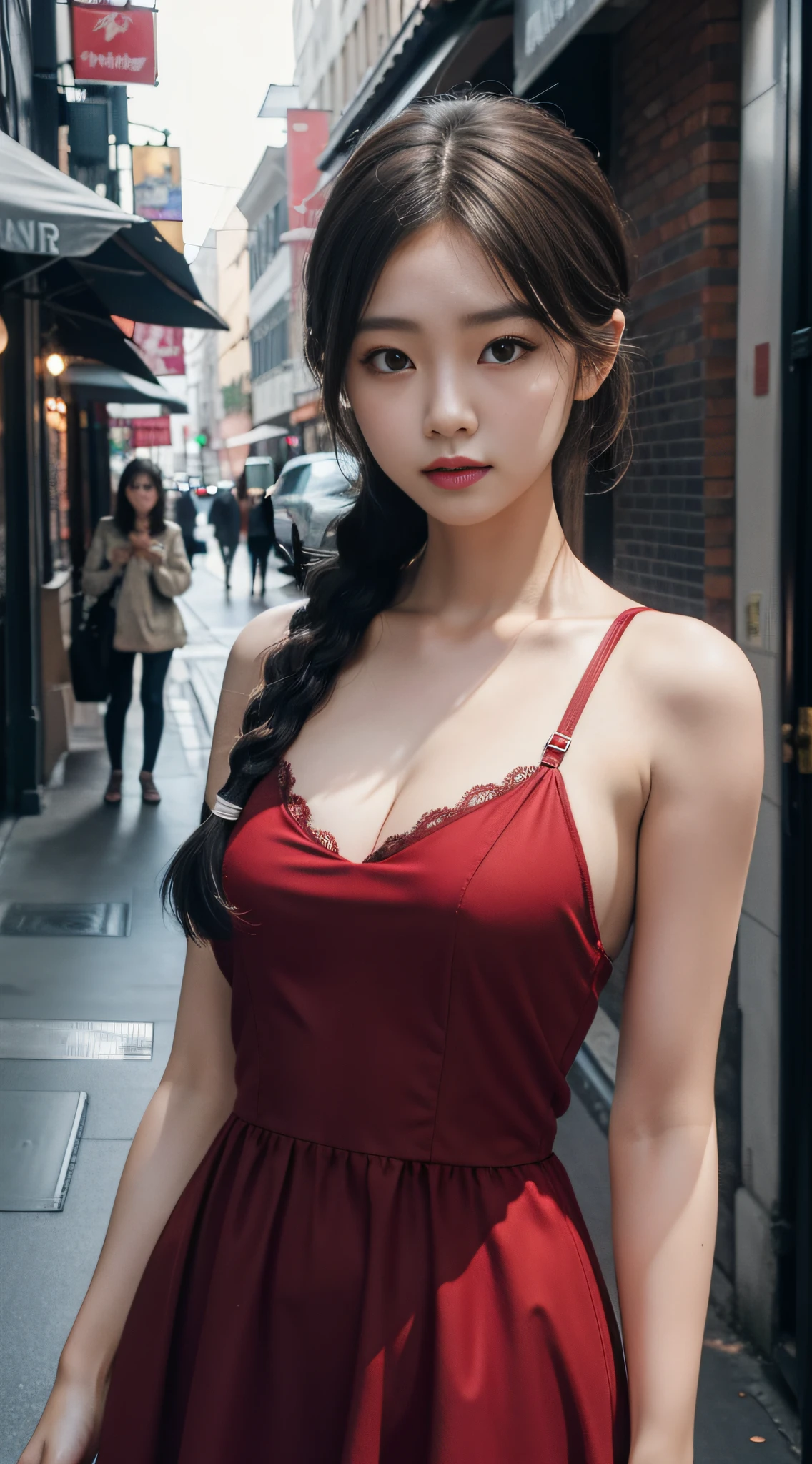 1.Best quality ,Masterpiece, illustration, An extremely delicate and beautiful, Extremely detailed,Best quality, offcial art, Extremely detailed Cg Unity 8K wallpaper, absurderes, hugefilesize , Ultra-detailed, A high resolution ,1girll,Street photography,Positive focus。full bodyesbian;1.5,Twist braids,Lingerie with a slinger,short red dress