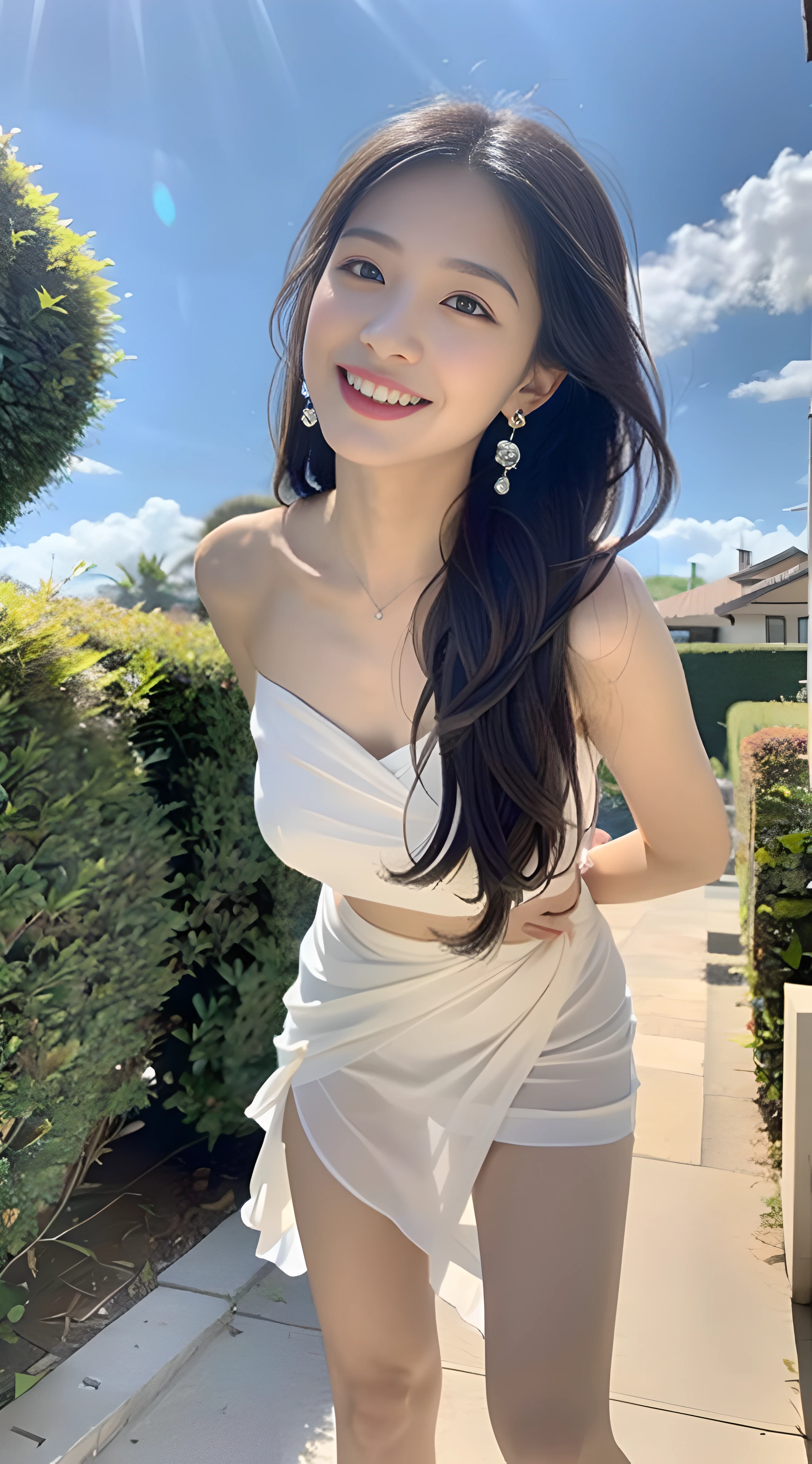 A young and beautiful,Beautiful cute girl,half-body photo。Extremely beautiful and delicate,Black color hair,A sweet smile,(Delicate and beautiful fair skin),Realistic and realistic,exquisite and complete facial features,Detailed depiction of the face,tall nose bridge,Smooth hair,extremely detail hair,Feminine temperament,with a well-proportioned body,Realiy,White teeth,Tied up with hair,Hyper-realism,sandals,Extreme picture quality,Highest precision,Precise and perfect human anatomy,with blue sky and white clouds,rays of sunshine,(Chiffon skirt)(telephoto shot,)Express the landscape,Highlight portrait。inside a luxury Villa。Wearing earrings,Sideways photo