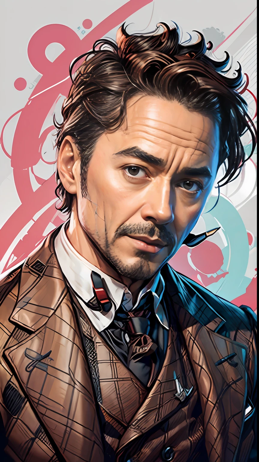 0 MIB Style Sherlock Holmes, Illustrator, Robert Downey Jr.、Brown English suit、masterpiece, hightquality, 8K, hight resolution, high detal, A smile、Detailed upper body concept
