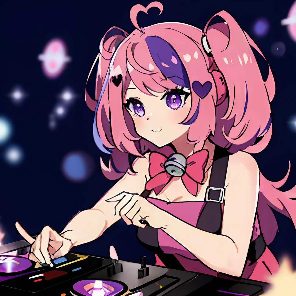 pink hair
purple hair
multicolored hair
streaked hair
heart ahoge
ahoge
bell
bow
purple eyes a DJ, showcasing her skills on the turntables