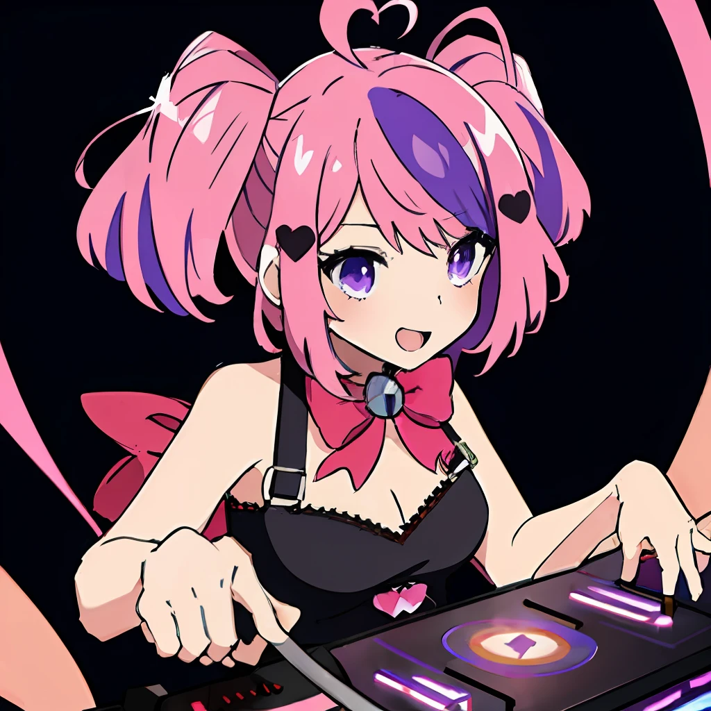 pink hair
purple hair
multicolored hair
streaked hair
heart ahoge
ahoge
bell
bow
purple eyes a DJ, showcasing her skills on the turntables