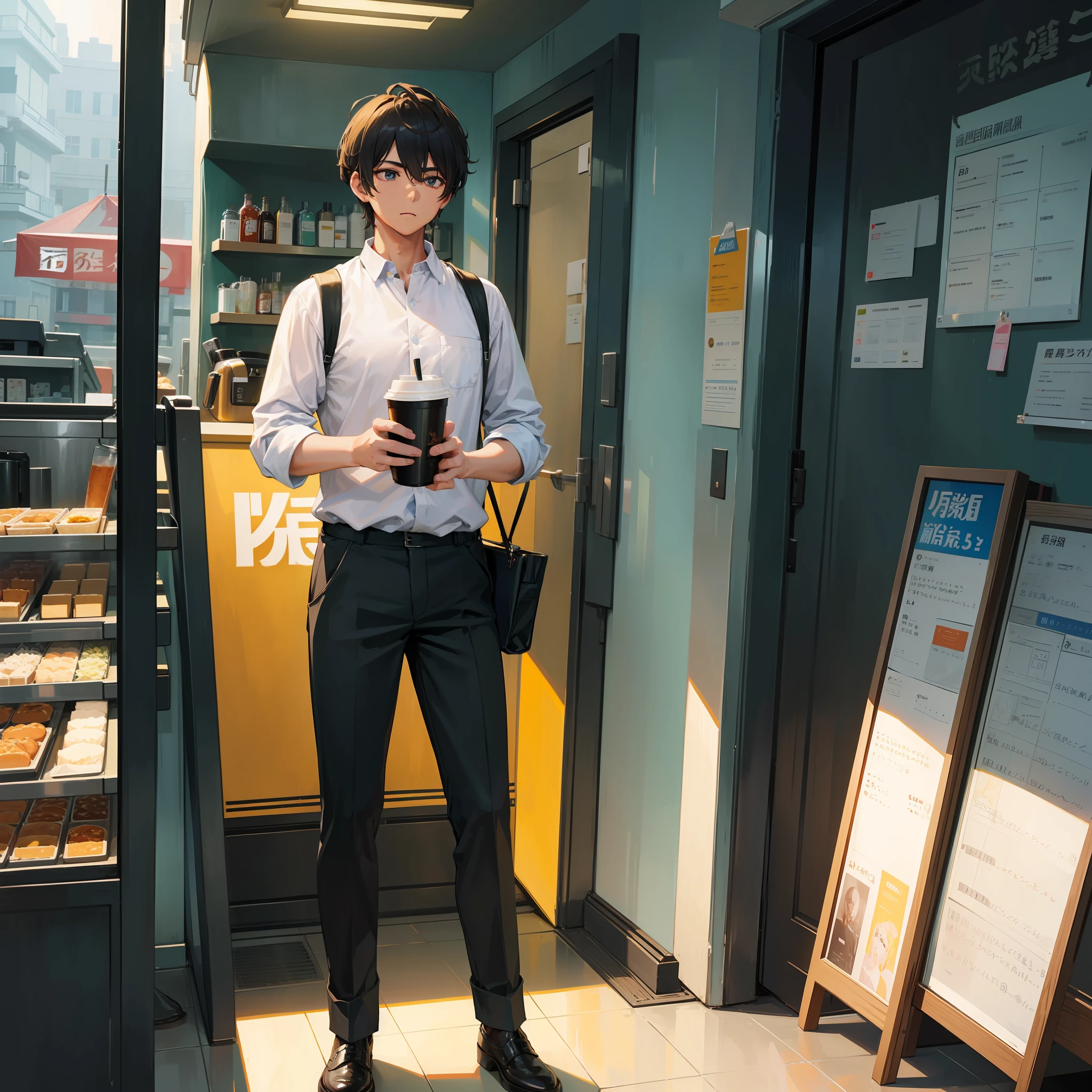 A handsome boy,Alone,I am standing in a spacious and bright café,Holding a cold drink in his hand。