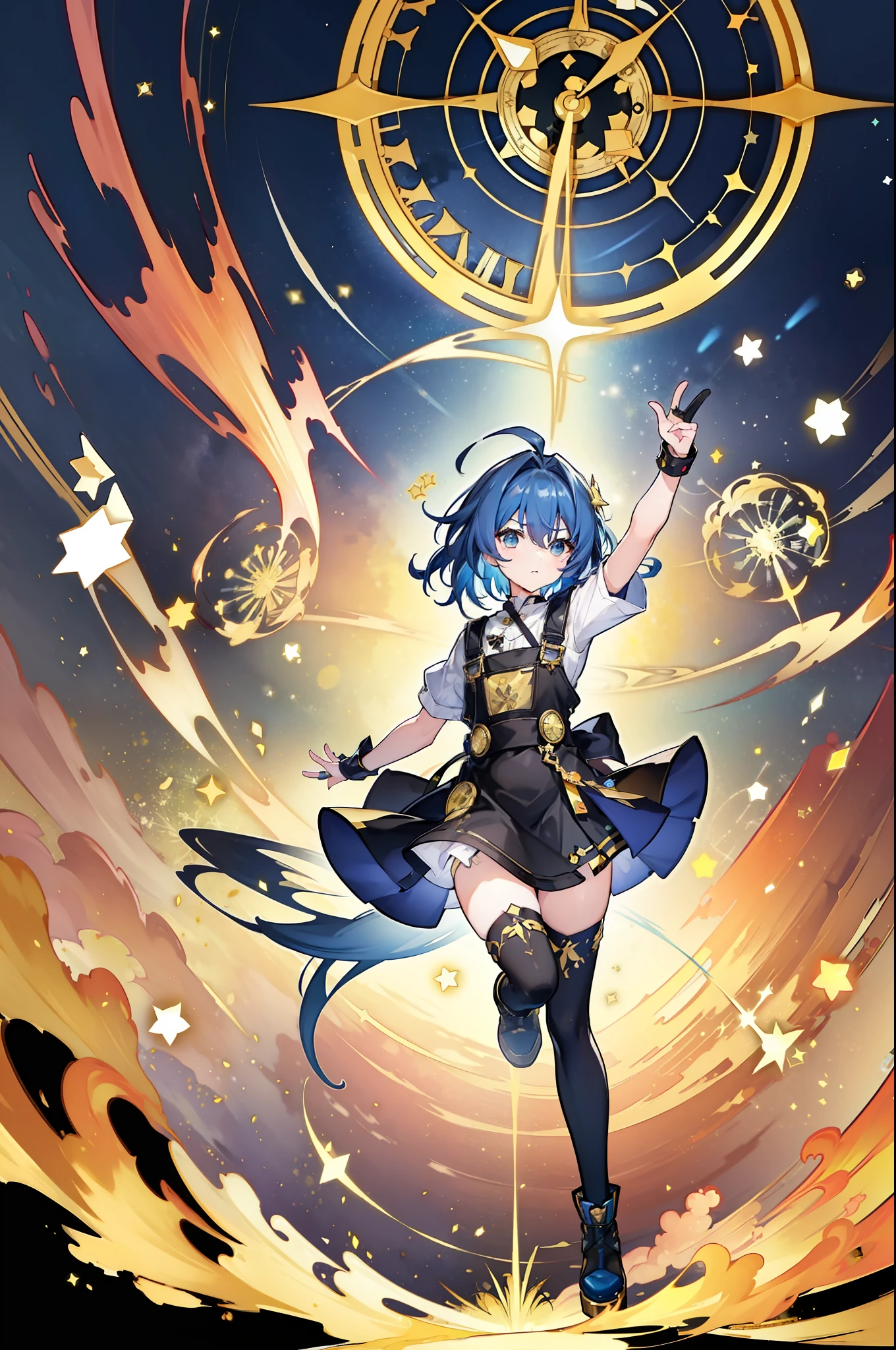 (masterpiece, top quality, best quality), art, 1girl, two side up, solo, :3, blush, expressive eyes, perfect face, cute, girl, simple design, (dark blue hair trims, dark blue hair highlights, two-side ups, light blue hair, blue hair, flaming hair), headband, ribbon, golden eyes, golden apron, black uniform, ((black skirt, black thigh highs, black boots, golden trims, overalls, dungarees)), fullbody, full body, splash screen, (swirling background, dynamic scene) 18th century clothing, genshin impact, medieval, traditional, constellations, short hair, twoside up, hair style, black sleeves, cute, adorable, young girl, short, small ahoge, clock, stopwatch, star design, hairpin, yellow, gold, dandelion color