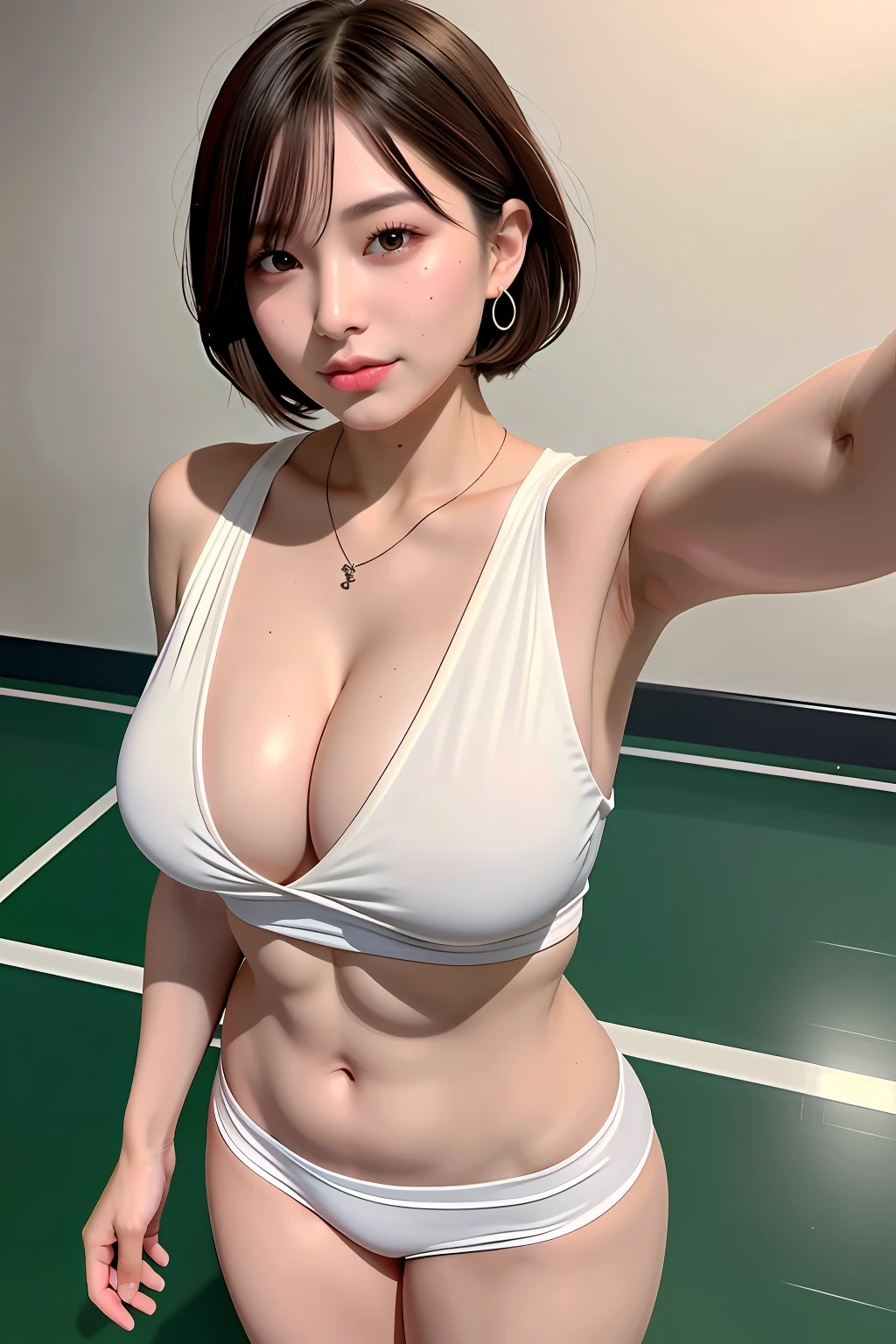 (short-hair、hair wavy、dark brown hair)、(Basketball Uniforms)、(Innocent and classy girl)、medium large breasts、(On the basketball court)、((Fulll body Shot:1.2))、(Sexy selfie pose on Instagram:1.2)、(top-quality、8K、masterpiece:1.3)、Raw photography、realisitic、Photorealsitic、West Constitution、Beautiful legs、acurate、tre anatomically correct、 Highly detailed facial and skin texture、A detailed eye、二重まぶた、Natural cheeks、Wet eyes、shiny little necklace and earrings,、shiny lip:1.4、Constriction of the lower back、Beautiful legs、Healthy skin、