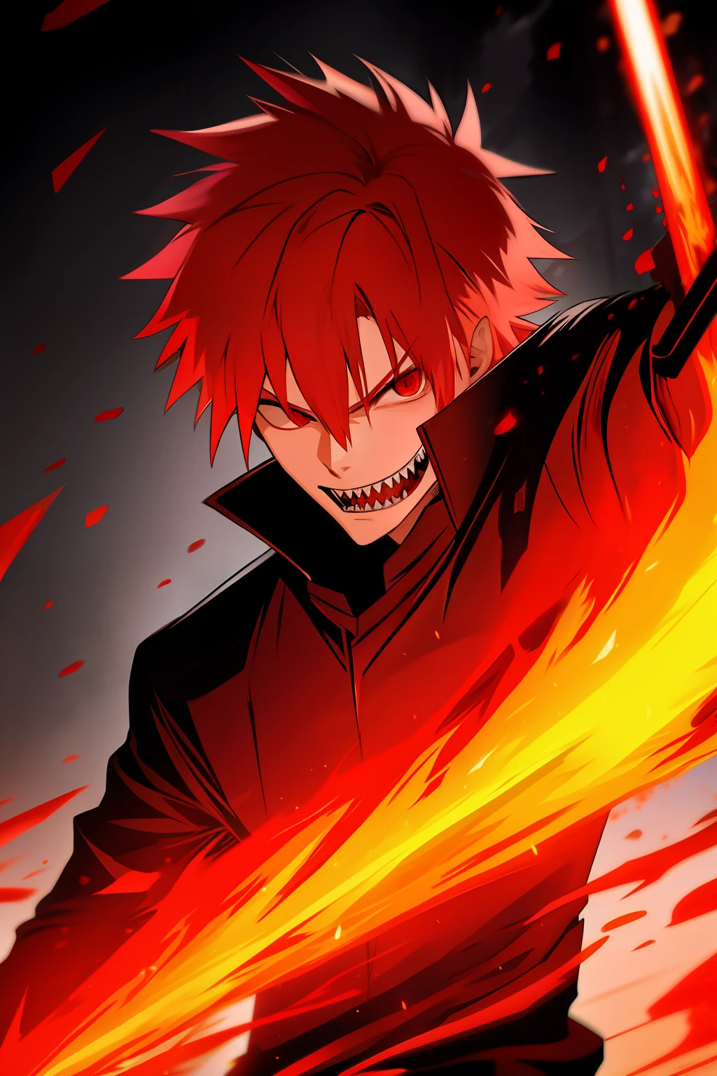 "Anime holding a flaming sword, red eyes, sharp teeth, red hair."