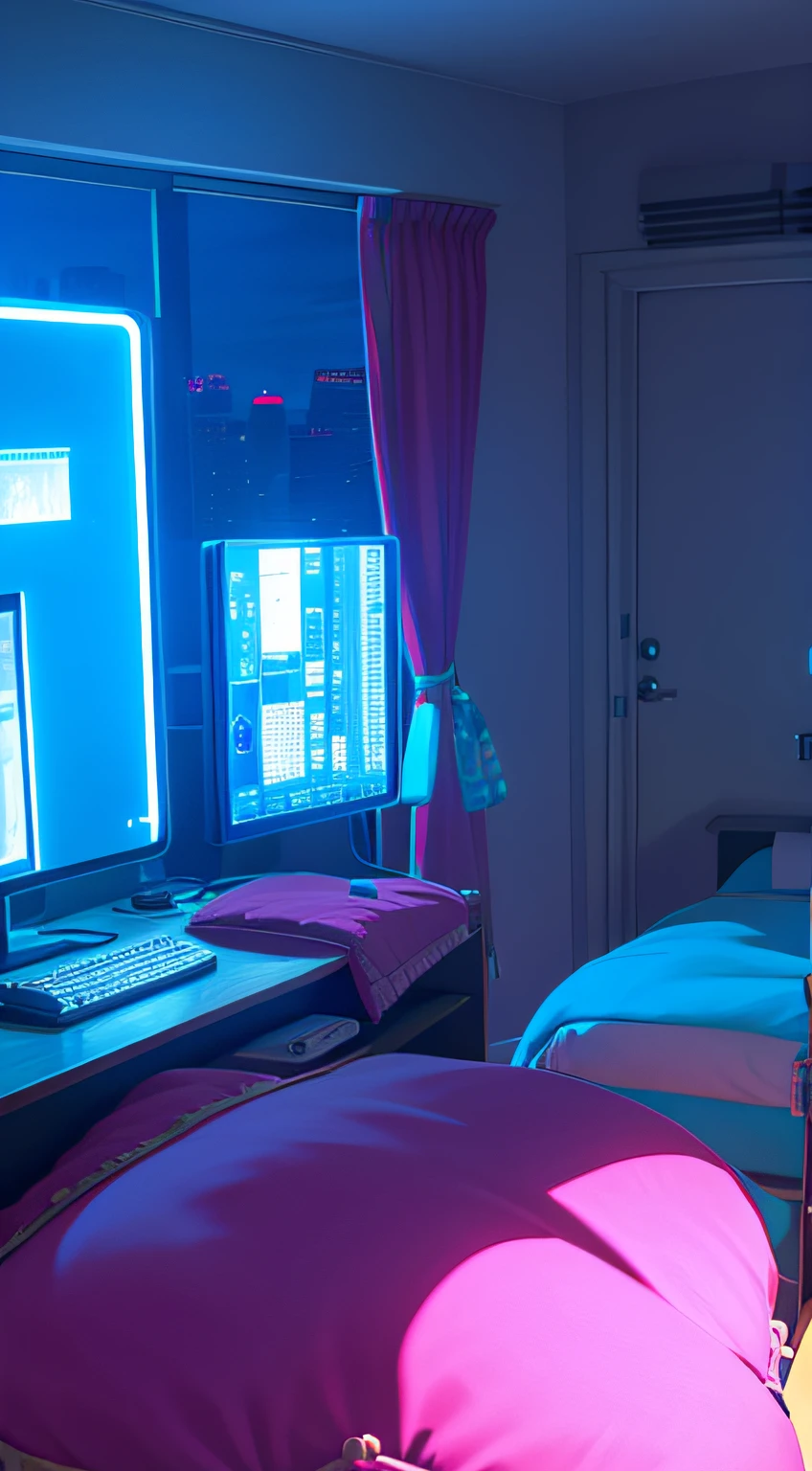A cozy female bedroom filled with plush toys, show bed, inside tall modern skyscraper, all computers turned on, neon lights, night time, cyberpunk style,