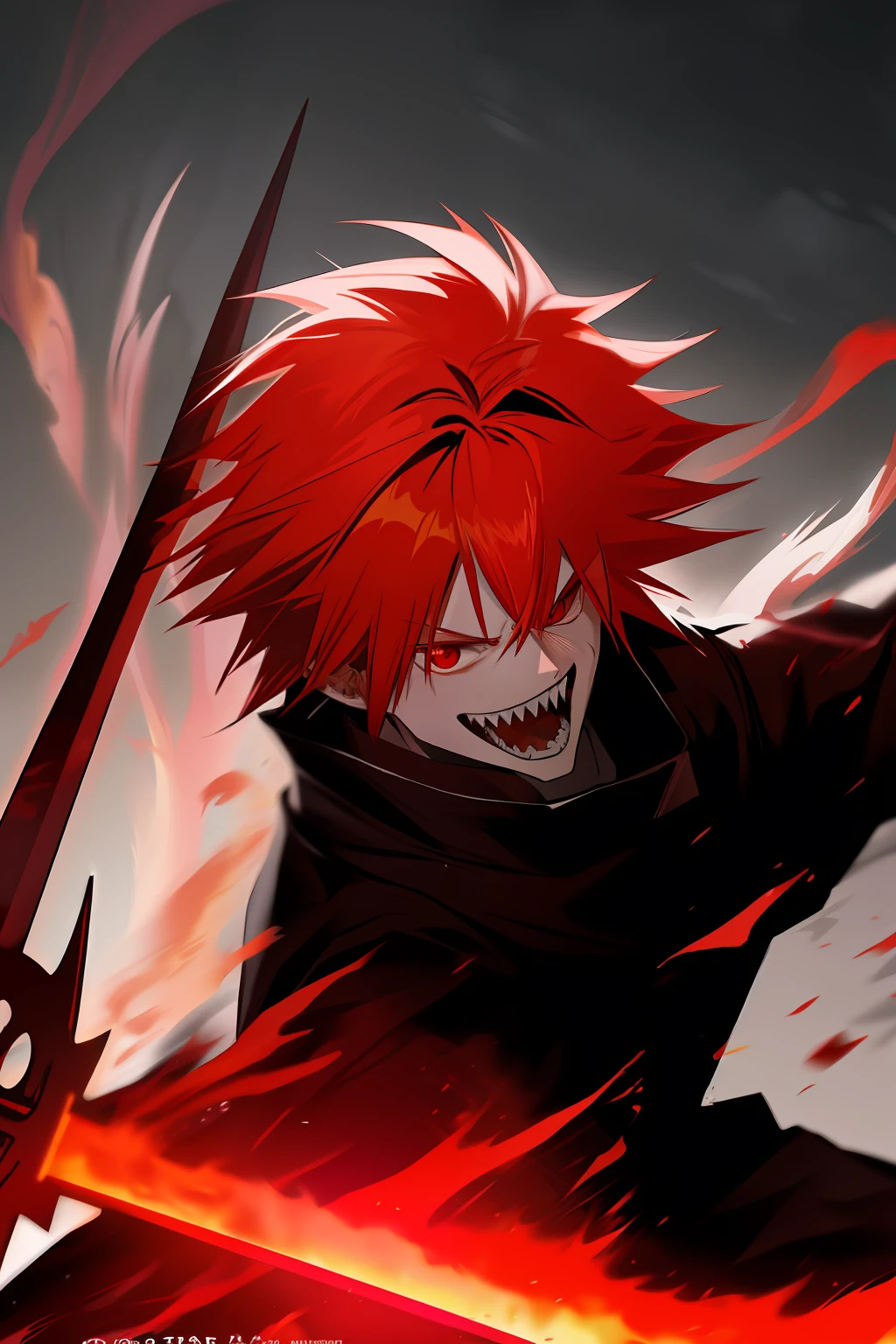 "Anime holding a flaming sword, red eyes, sharp teeth, red hair."