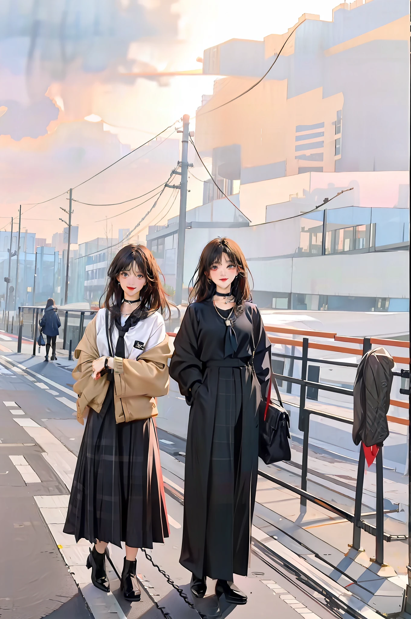tmasterpiece，Need，full bodyesbian，1girll，By bangs，Black necklace，black necktie，brunette color hair，Blue dress，Blushlush，bangle，beauty breast，choker necklace，Cornics，鎖骨，collared shir，Cowboy photos，Formal shirts，Ear piercing，Eyebrows visible through hair，Gradient hair，grinning smile，gyaru，jewely，kogal，Long hair，looking at viewert，Loose tie，tiese，nipple piercing，tartan，Plaid skirts，pleatedskirt，red eyes，gyuru，校服，The shirt，a skirt，ssmile，Solo，white  shirt，street corner，Skysky，illustration，（Magazines：1.3），（Cover style：1.3），Fashionab，woman，vibrancy，Outfit，posing on a，frontage，Colorful，Dynamic，Background with，element in，self-assured，Expressing the，halter，statement，Attachment，A majestic，coil，Runt，Touching pubic area，Scenes，text，Cover of a，boldness，attention-grabbing，titles，Fashionab，typeface，Catchy，titles，more big，Smart，modern day，Fashionab，focus-on、Fashionab、