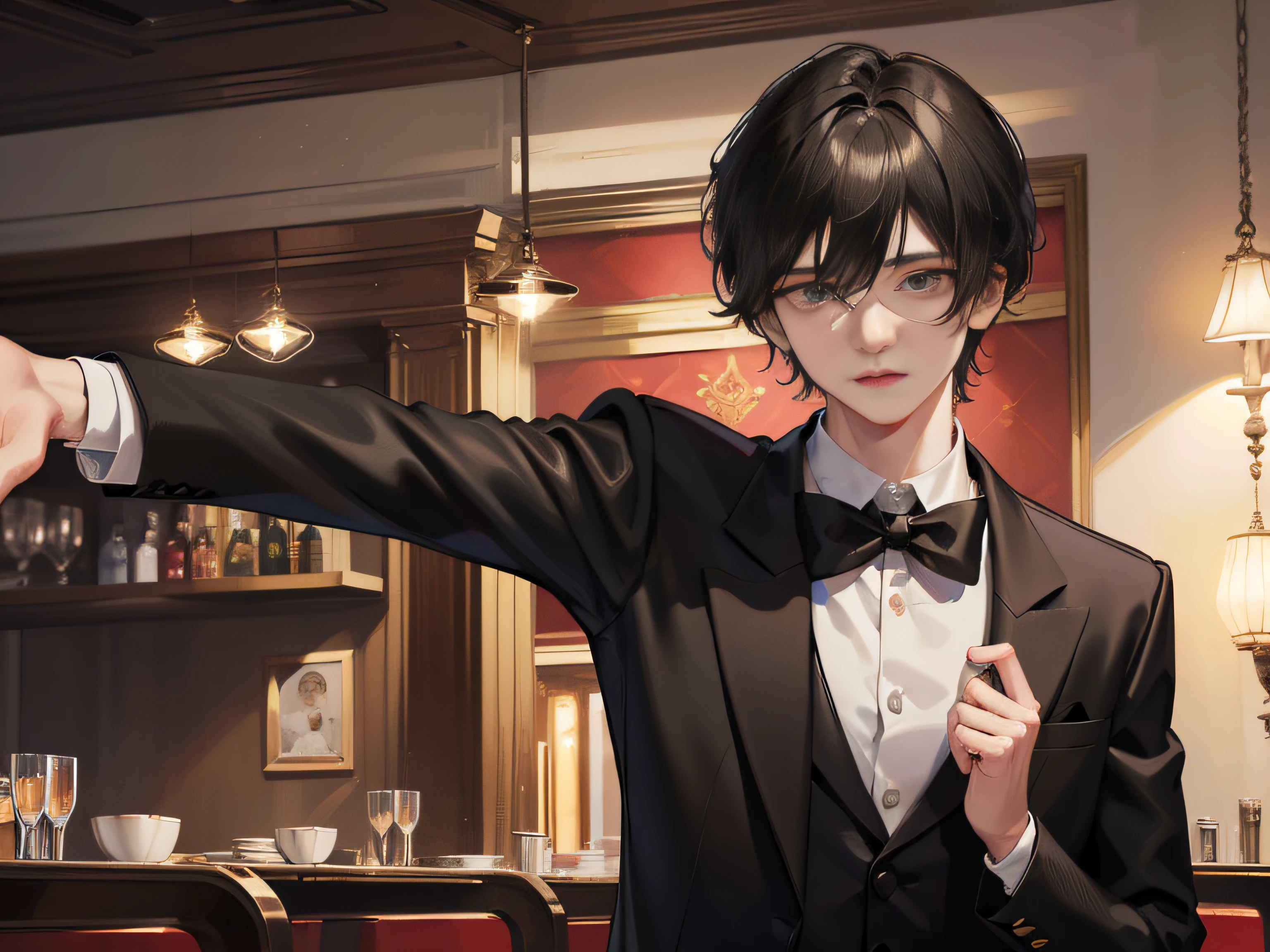 grand master,tmasterpiece,8k wallpaper,CG,Ultra-high image quality,light and shadow effect (A 20-year-old boy with short black hair and a suit:1.8) (Extremely sad:1.9)(1 person:1.9) (Upper body display:1.6) Restaurant