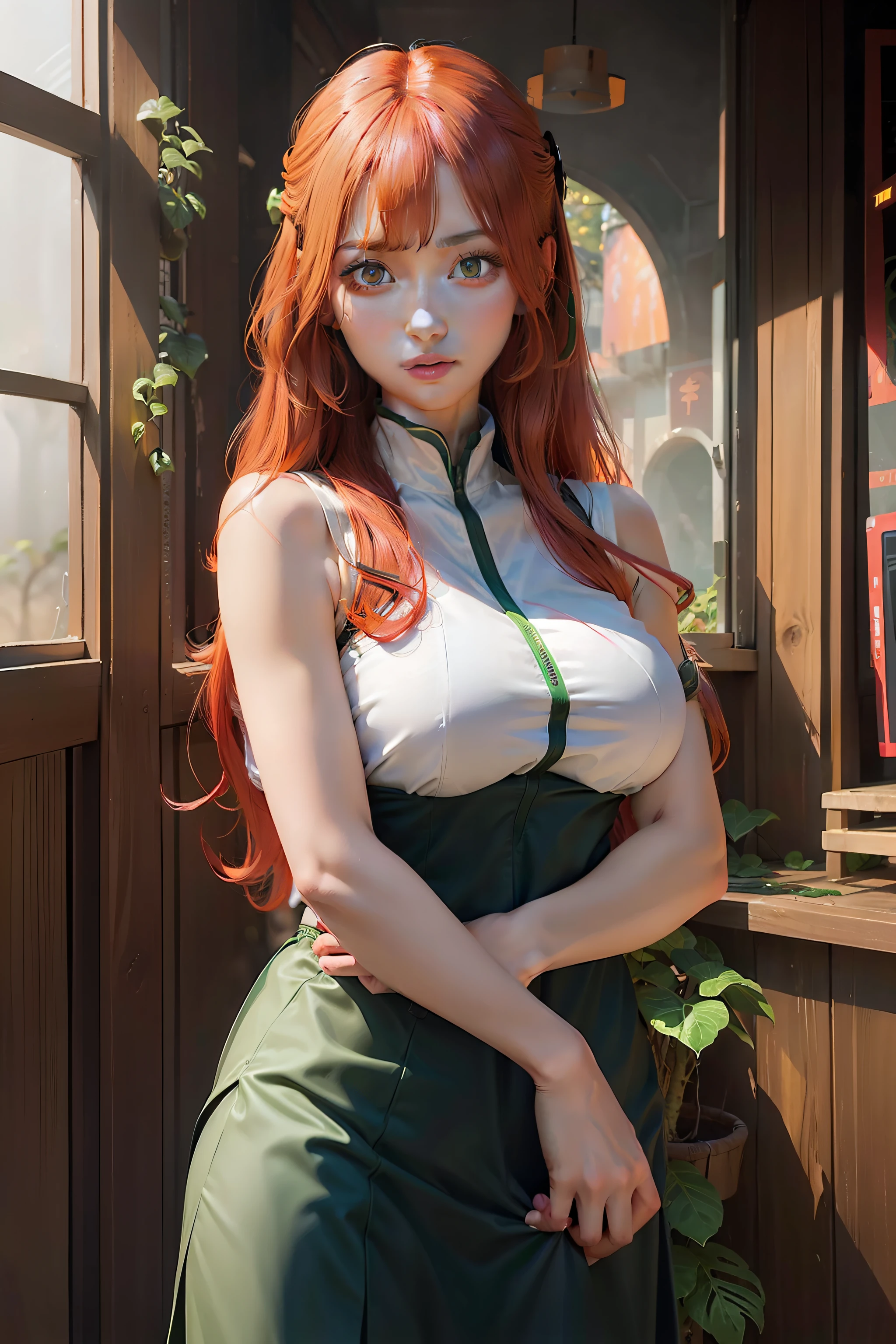 1girl, uzumaki kushina, red hair, long hair, green eyes, green clothes, big breasts, jungle background, realistic, ultra detail