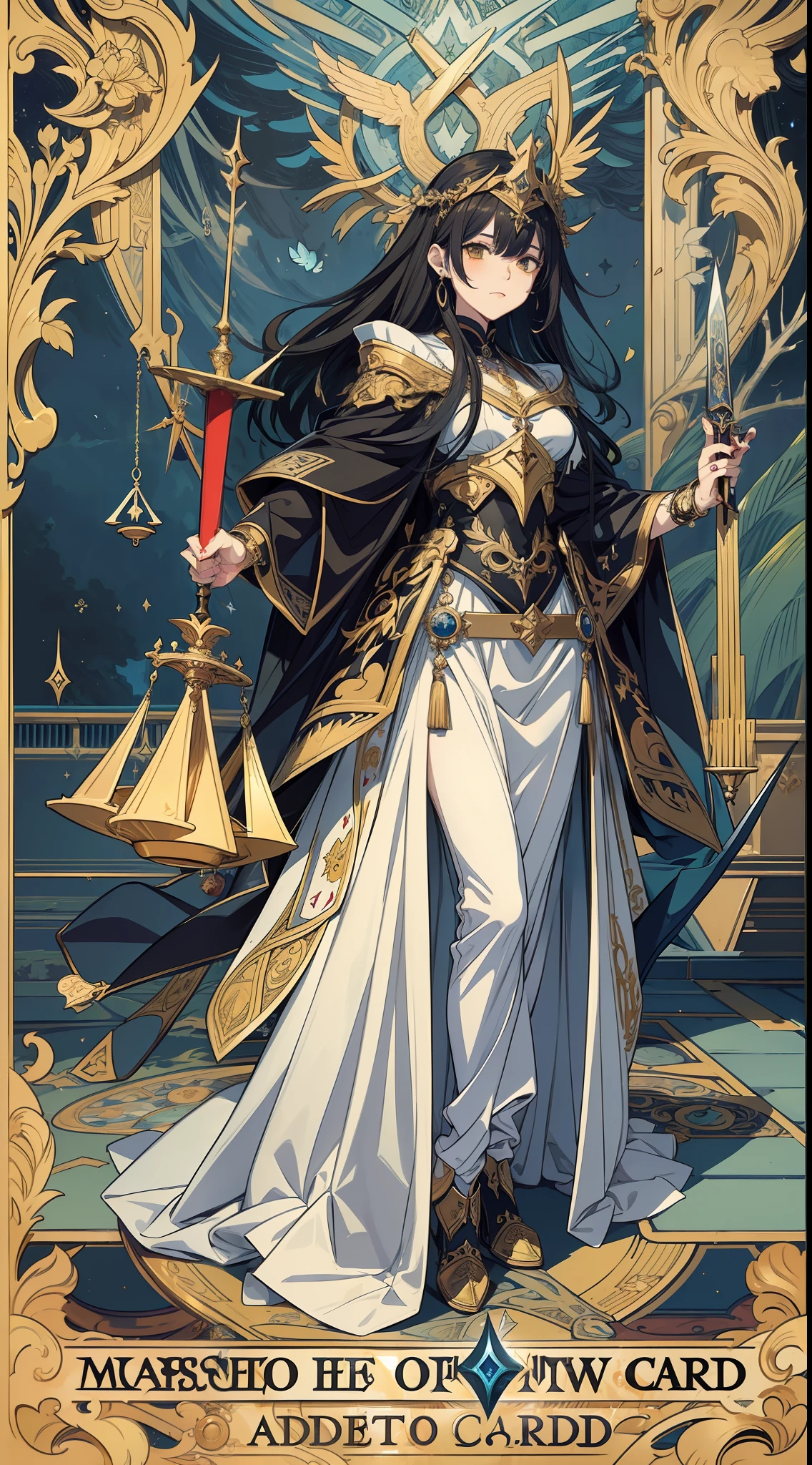 (masterpiece:1.3)、(top-quality)、(8K,4K),(Intricate details)、reallistic、(tarot)、((Justice Cards))、tarot、Female judge with sword and balance、「judgement」「Legitimacy」「balance」It has the meaning of