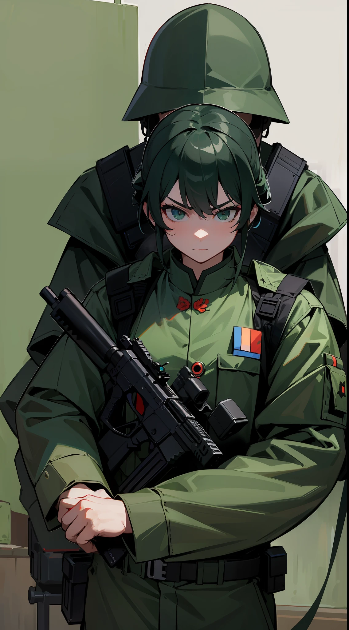 Two soldiers had guns in their hands,The background is green, army, Mechanized police infantry, 💣 💥, youtube thumbnail, 💣 💥💣 💥, military police, militaristic!!!, perfect military composure, nanquan, Chiba Yuda, Afp, airsoft cqb, Serious, Military