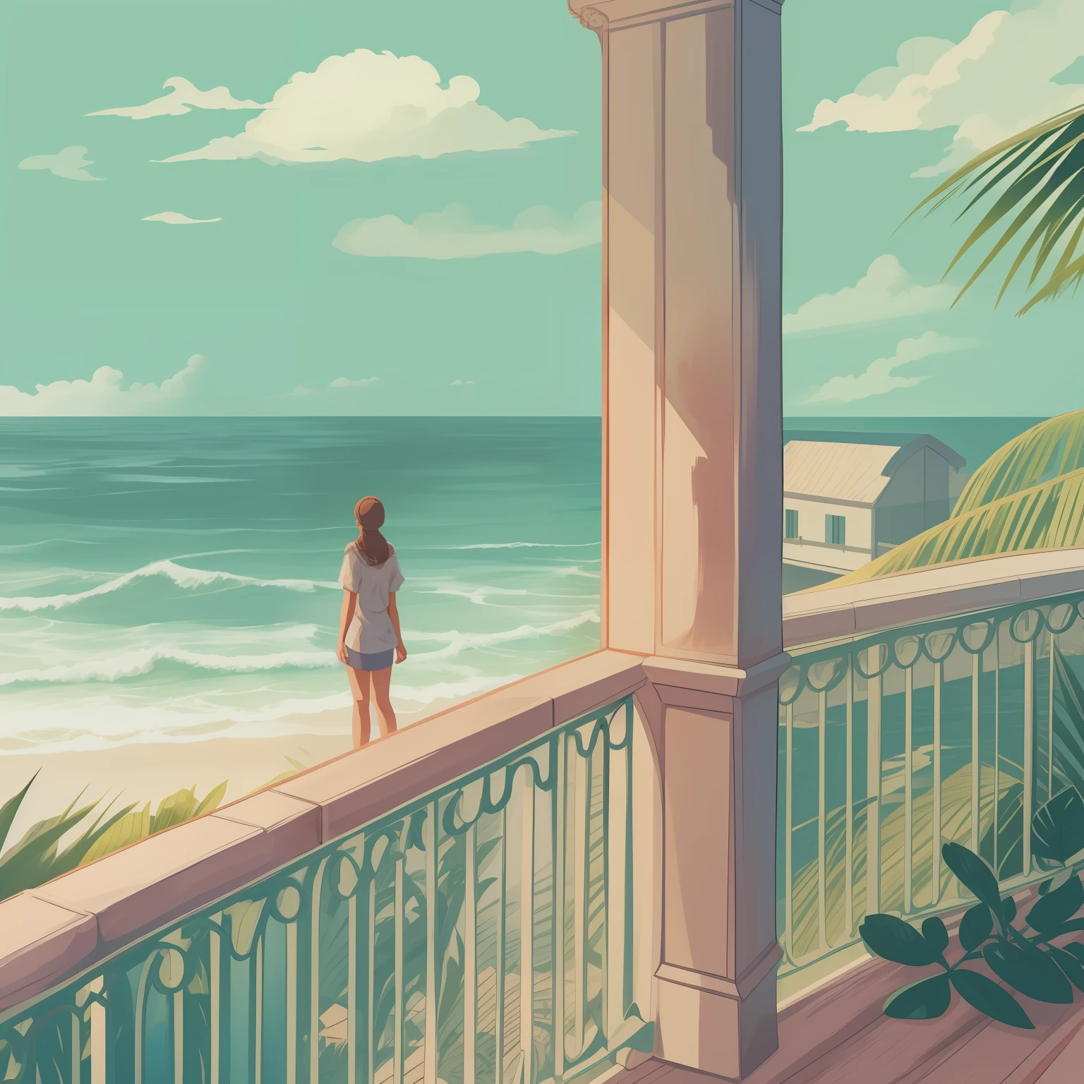 There's a woman standing on a balcony looking out at the ocean, vista para o mar, Olhando para o oceano, Olhando para o oceano, gazing at the water, com vista para o oceano, dreamy illustration, olhando para fora, com vista para a praia, in illustration style digital, serene illustration, stylized digital illustration, sonhando com um lugar distante, illustration!