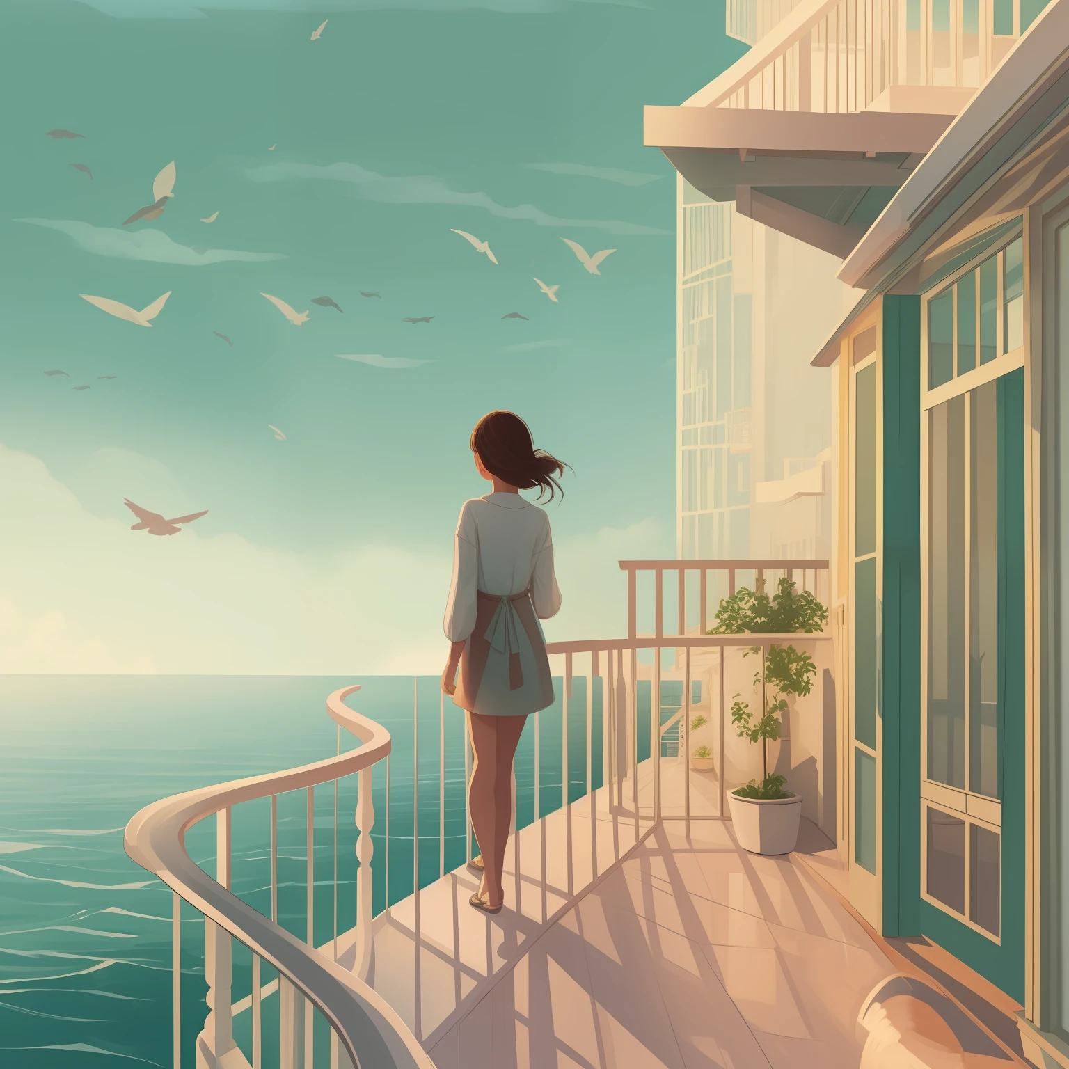 There's a woman standing on a balcony looking out at the ocean, vista para o mar, Olhando para o oceano, Olhando para o oceano, gazing at the water, com vista para o oceano, dreamy illustration, olhando para fora, com vista para a praia, in illustration style digital, serene illustration, stylized digital illustration, sonhando com um lugar distante, illustration!