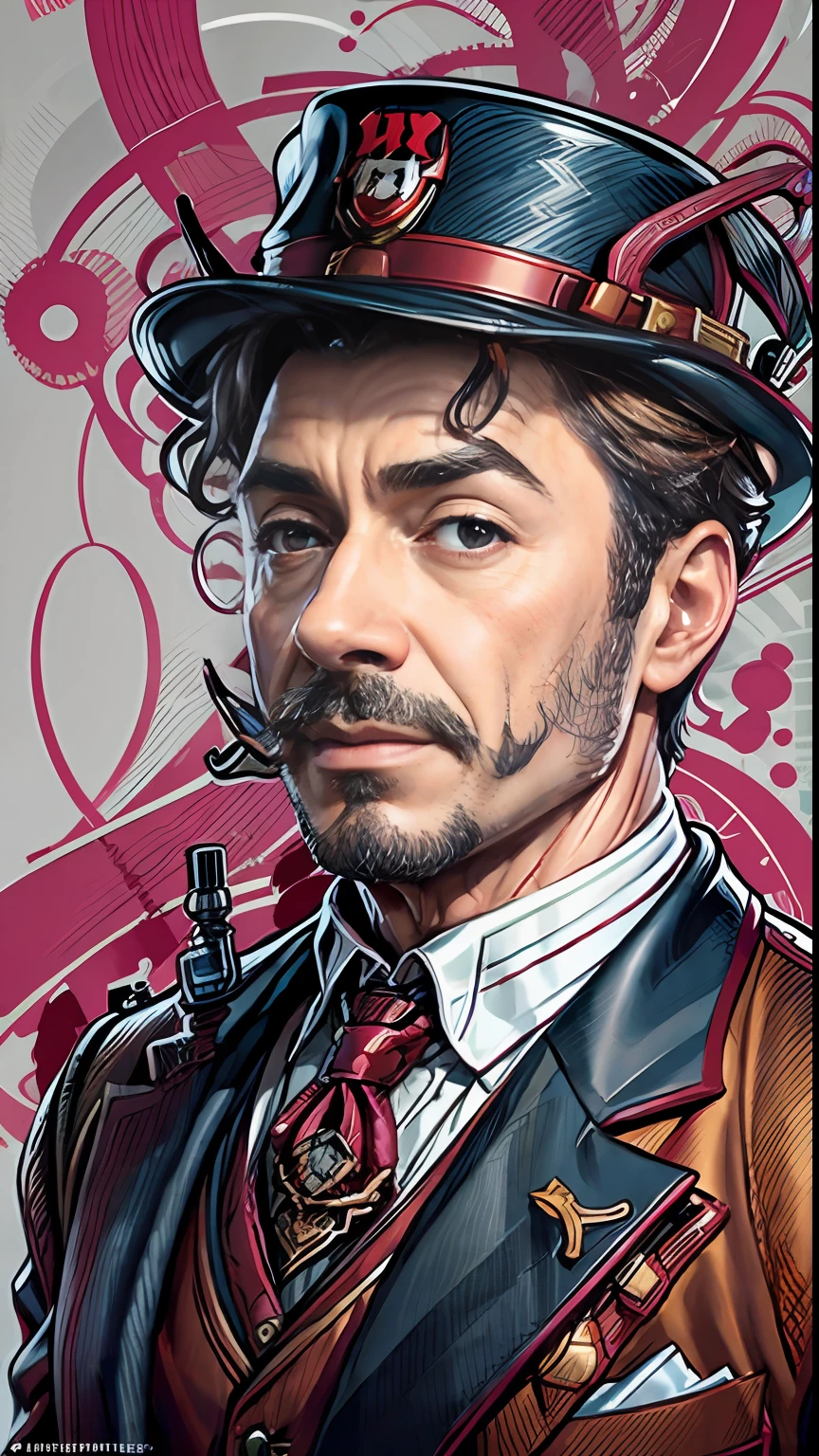 0 MIB Style Sherlock Holmes, Illustrator, Robert Downey Jr.、Brown English suit、masterpiece, hightquality, 8K, hight resolution, high detal, A smile、Detailed upper body concept