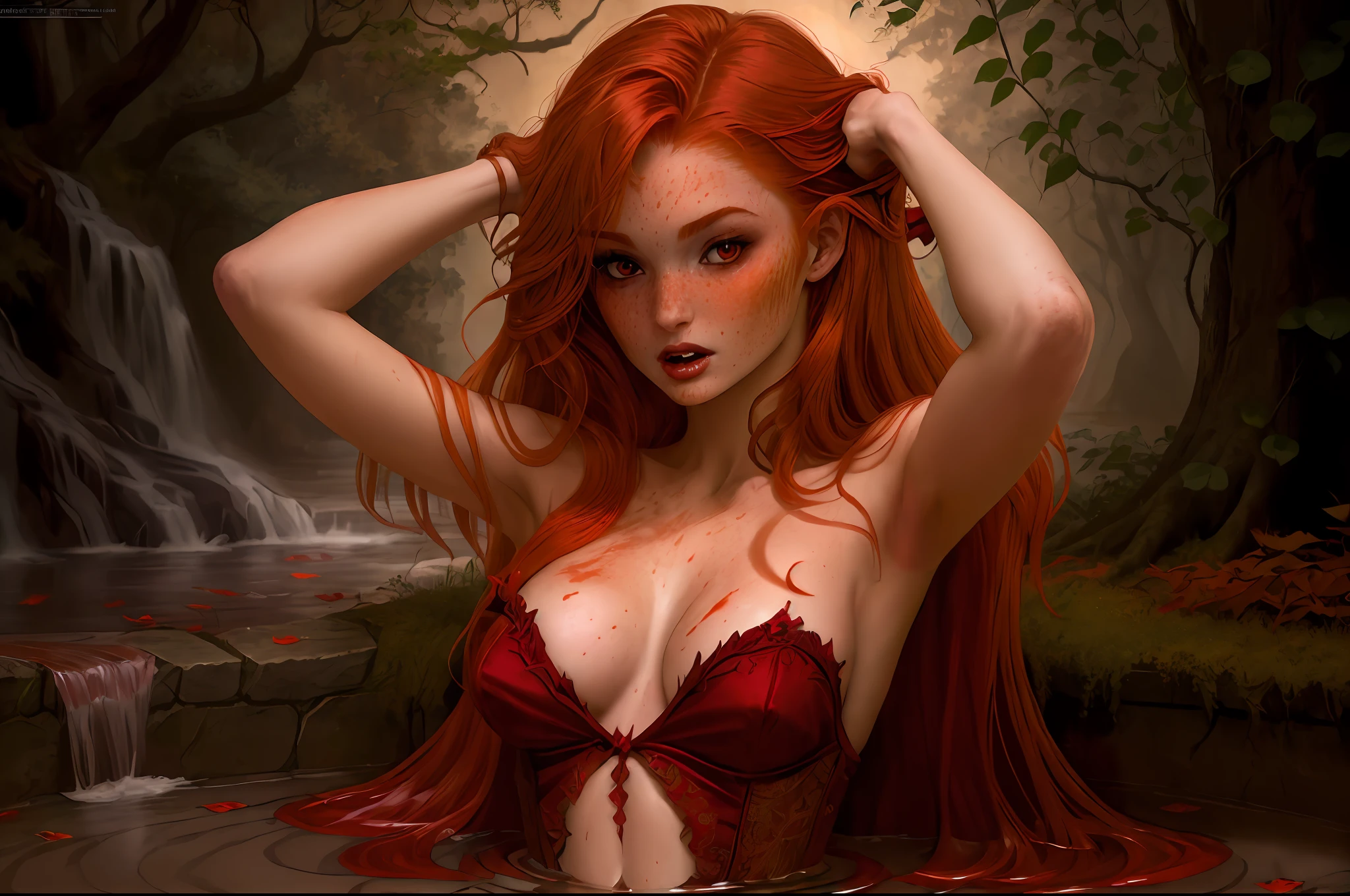 Enchanting and captivating, the alluring vampire queen gracefully emerges from a deep crimson pool of flowing blood, red hair, freckles, faye reagan