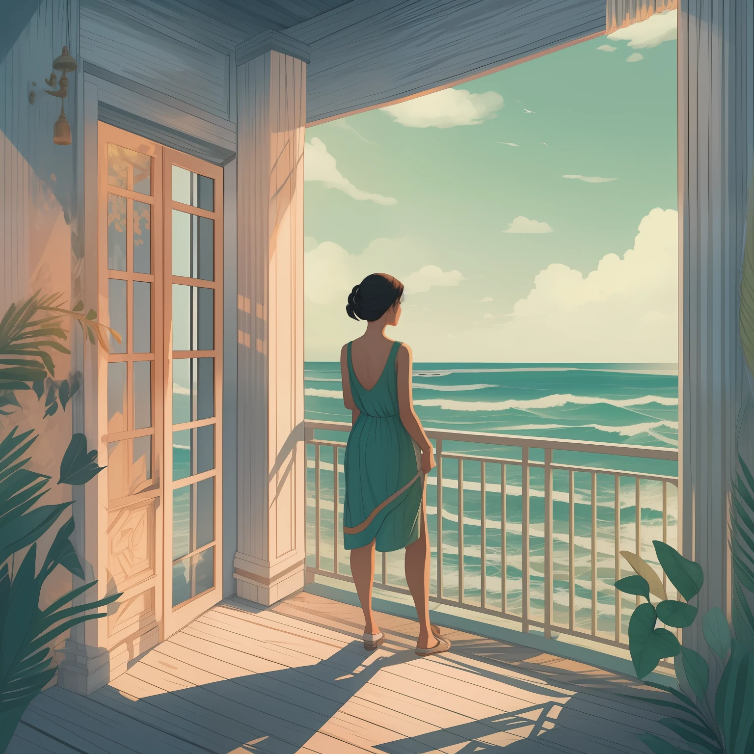 There's a woman standing on a balcony looking out at the ocean, vista para o mar, Olhando para o oceano, Olhando para o oceano, gazing at the water, com vista para o oceano, dreamy illustration, olhando para fora, com vista para a praia, in illustration style digital, serene illustration, stylized digital illustration, sonhando com um lugar distante, illustration!