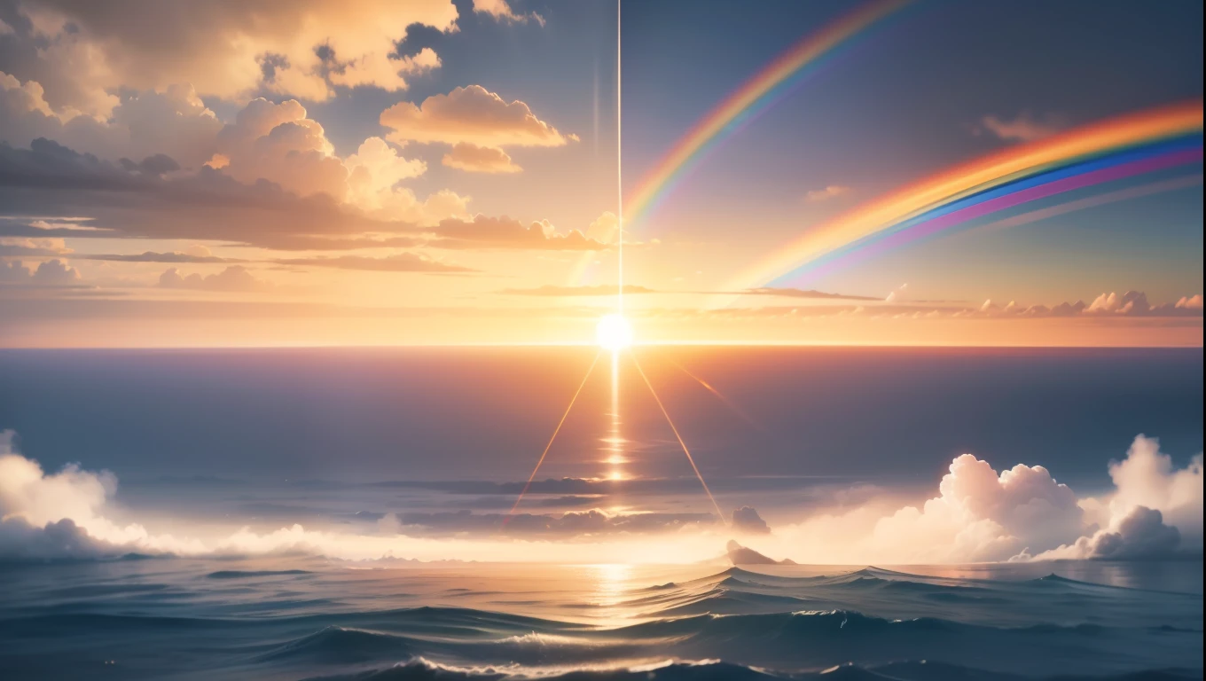 Natural natural rainbow in sunny weather、Floating on the horizon、Fantastic、Ethereal、Rising sun on the horizon、Photorealism Based Details Widget 1.3, Ultra-detailed depiction、Super clear as in the picture、Cinematic shots with HDR effect、Vignette and center screen、Generate in automatic mode