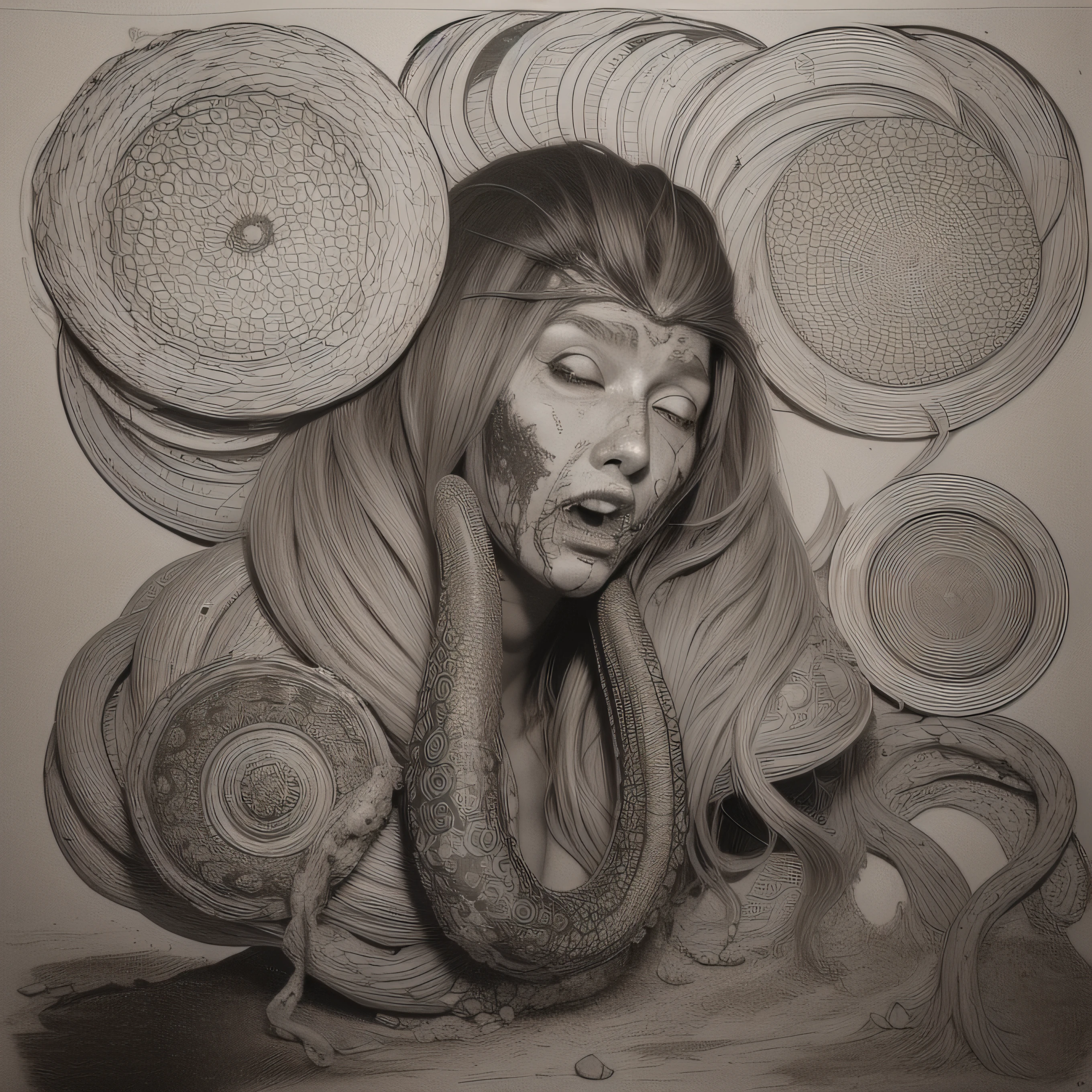 (extremadamente detallado, obra maestra, La mejor calidad), Estilo oscuro, intense illumination, rostro con arrugas, lengua larga, tentacle, deforme, monstruoso, alien con Colmillos finos, pico de pulpo amenazante. manchas de tinta. Rococo composition. Luz de caravaggio