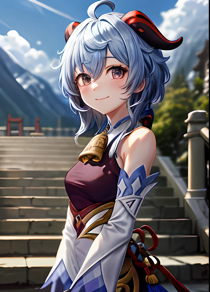 ganyudef, upper body, smile, blush, outdoors, day, simple background, blue sky, short hair, sky, temple, looking at viewer, stairs, mountain, moody lighting,