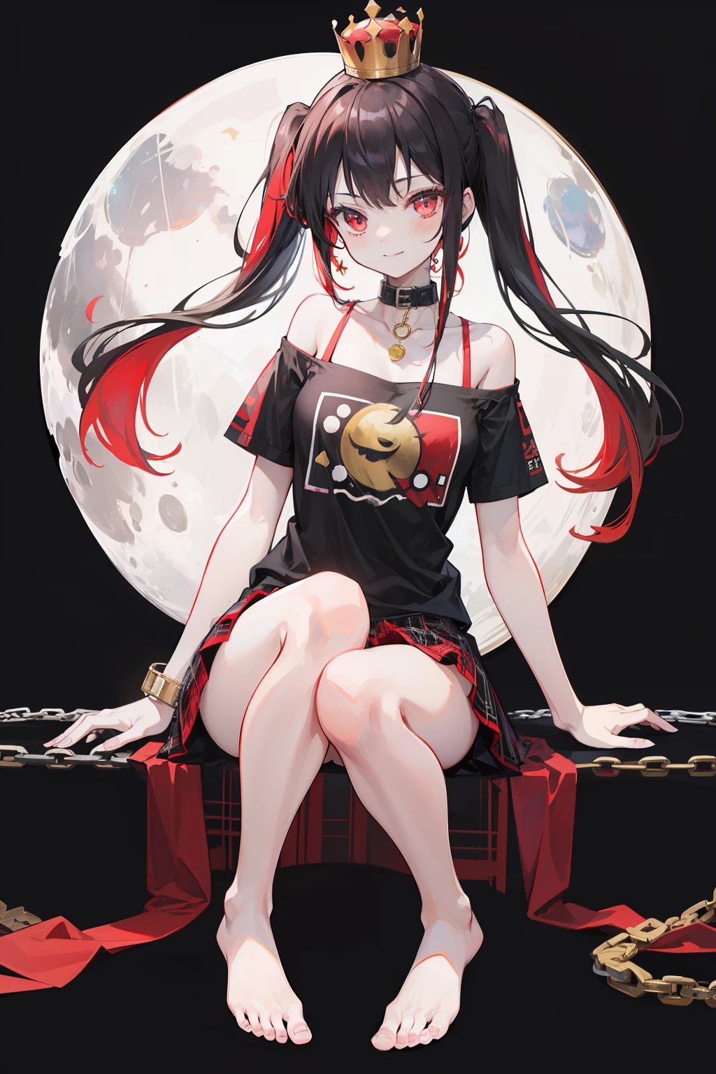 1girl,bare_shoulders,barefoot,black_shirt,chain,clothes_writing,collar,earth_(ornament),earth_(planet),floating,gold_chain,long_hair,moon_(ornament),multicolored_clothes,multicolored_skirt,off-shoulder_shirt,off_shoulder,plaid,plaid_skirt,planet,polos_crown,red_eyes,red_hair,shirt,skirt,smile,solo,style_parody,t-shirt,transparent_background,hecatia_lapislazuli