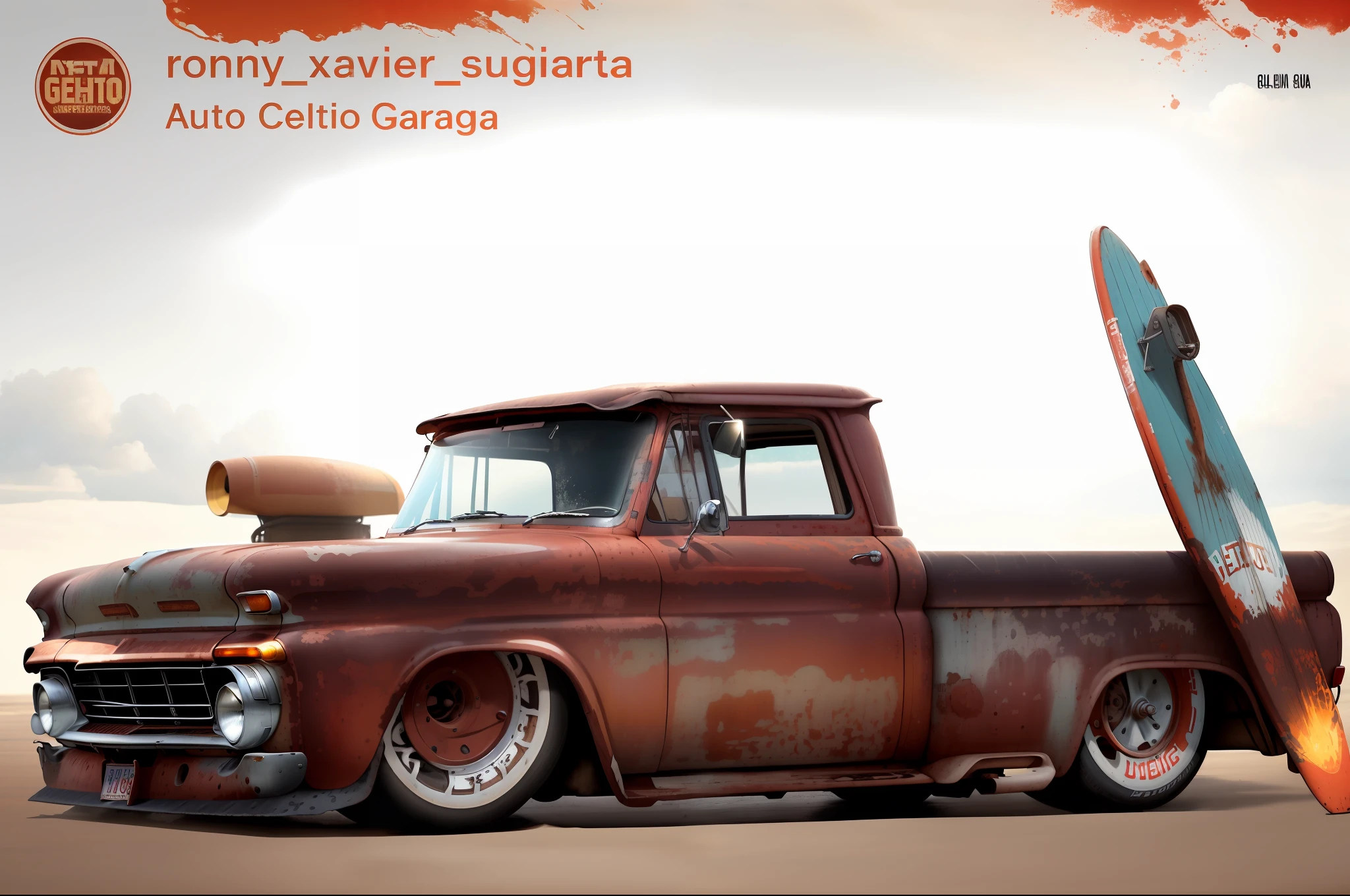 hyper realism Rusty hyper realistic old truck with surfboard on top of it on a white background, (Foto RAW, best quality), (Realistic, photo-realistic:1.2) insanamente detalhado c 10.0, Greg Rutkowski - C 1 0, Estilo Lowrider, Swagger! Cultura Lowrider, Lowriders, rusty vehicles, Carros enferrujados!!, carro feito de carne, enferrujado, alguma ferrugem, bem detalhado, imagem ultra realista , fundo com linda paria com céu lindo 🔥 😎 🕹️ 👀 :2,