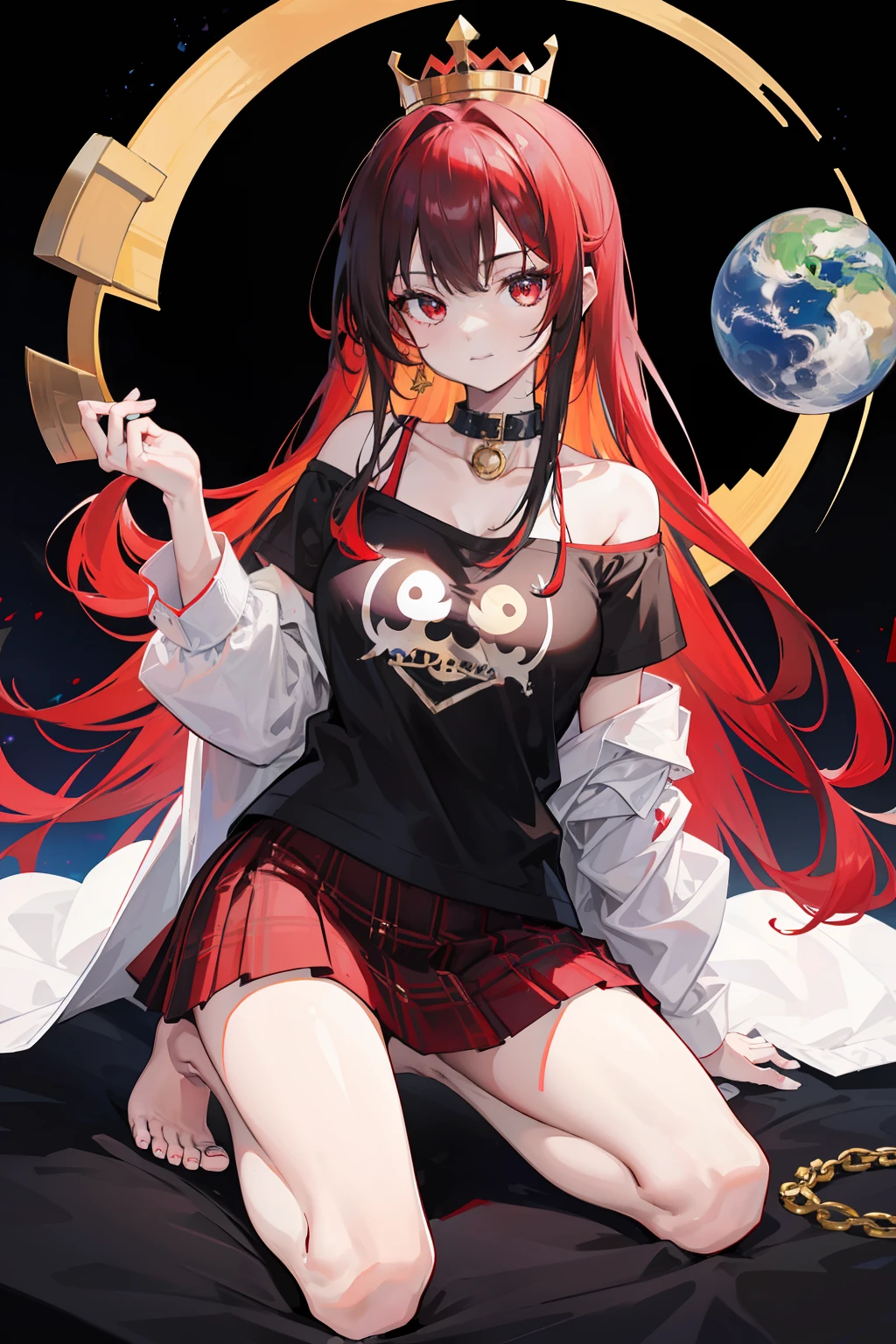 1girl,bare_shoulders,barefoot,black_shirt,chain,clothes_writing,collar,earth_(ornament),earth_(planet),floating,gold_chain,long_hair,moon_(ornament),multicolored_clothes,multicolored_skirt,off-shoulder_shirt,off_shoulder,plaid,plaid_skirt,planet,polos_crown,red_eyes,red_hair,shirt,skirt,smile,solo,style_parody,t-shirt,transparent_background,hecatia_lapislazuli