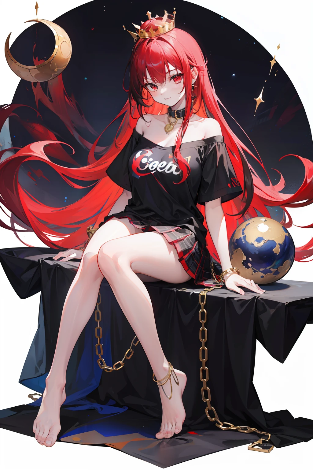 1girl,bare_shoulders,barefoot,black_shirt,chain,clothes_writing,collar,earth_(ornament),earth_(planet),floating,gold_chain,long_hair,moon_(ornament),multicolored_clothes,multicolored_skirt,off-shoulder_shirt,off_shoulder,plaid,plaid_skirt,planet,polos_crown,red_eyes,red_hair,shirt,skirt,smile,solo,style_parody,t-shirt,transparent_background,hecatia_lapislazuli